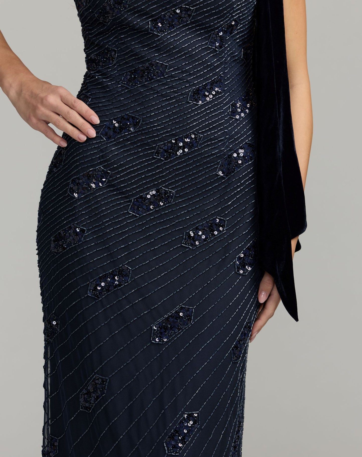 Navy Beaded One Shoulder Gown With Velvet Bow - Mac Duggal