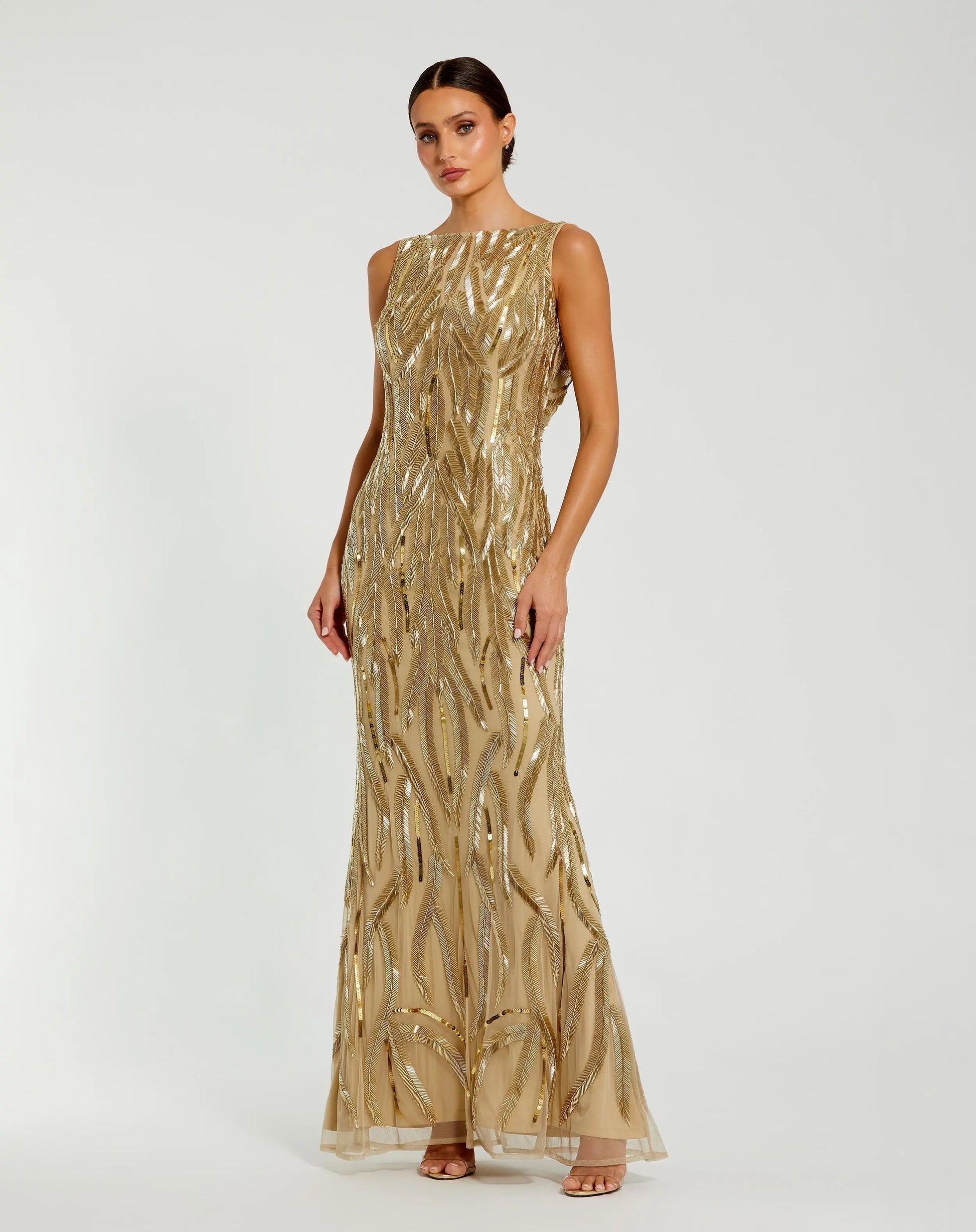 Gold Embellished Mesh Sleeveless High Neck Fitted Gown - Mac Duggal