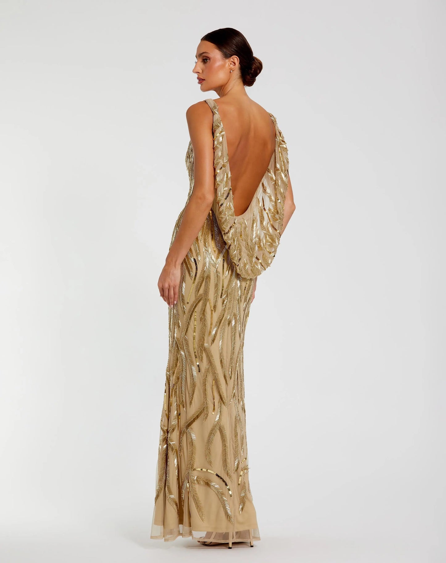 Gold Embellished Mesh Sleeveless High Neck Fitted Gown - Mac Duggal