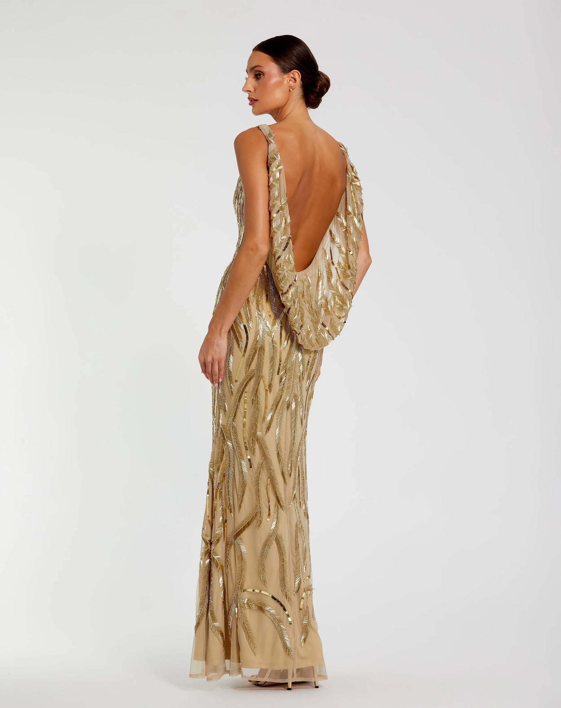 Gold Embellished Mesh Sleeveless High Neck Fitted Gown - Mac Duggal