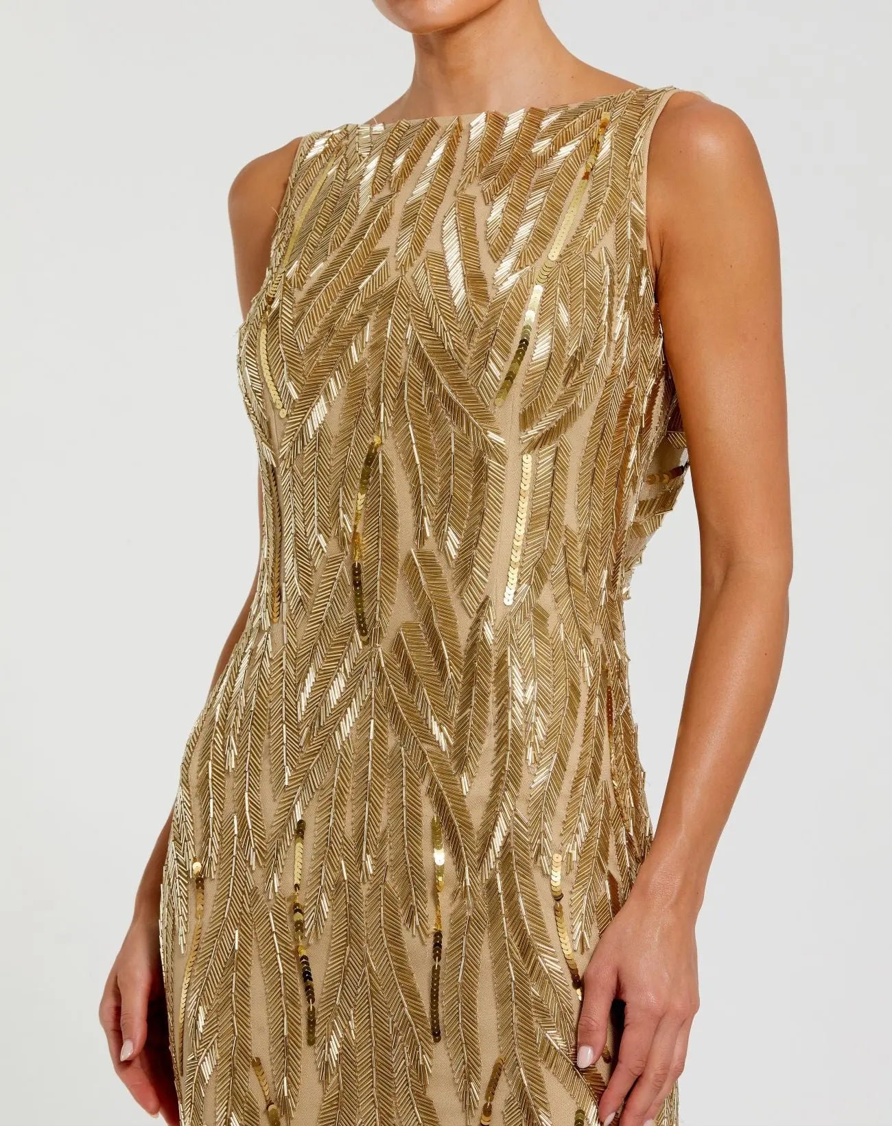 Gold Embellished Mesh Sleeveless High Neck Fitted Gown - Mac Duggal