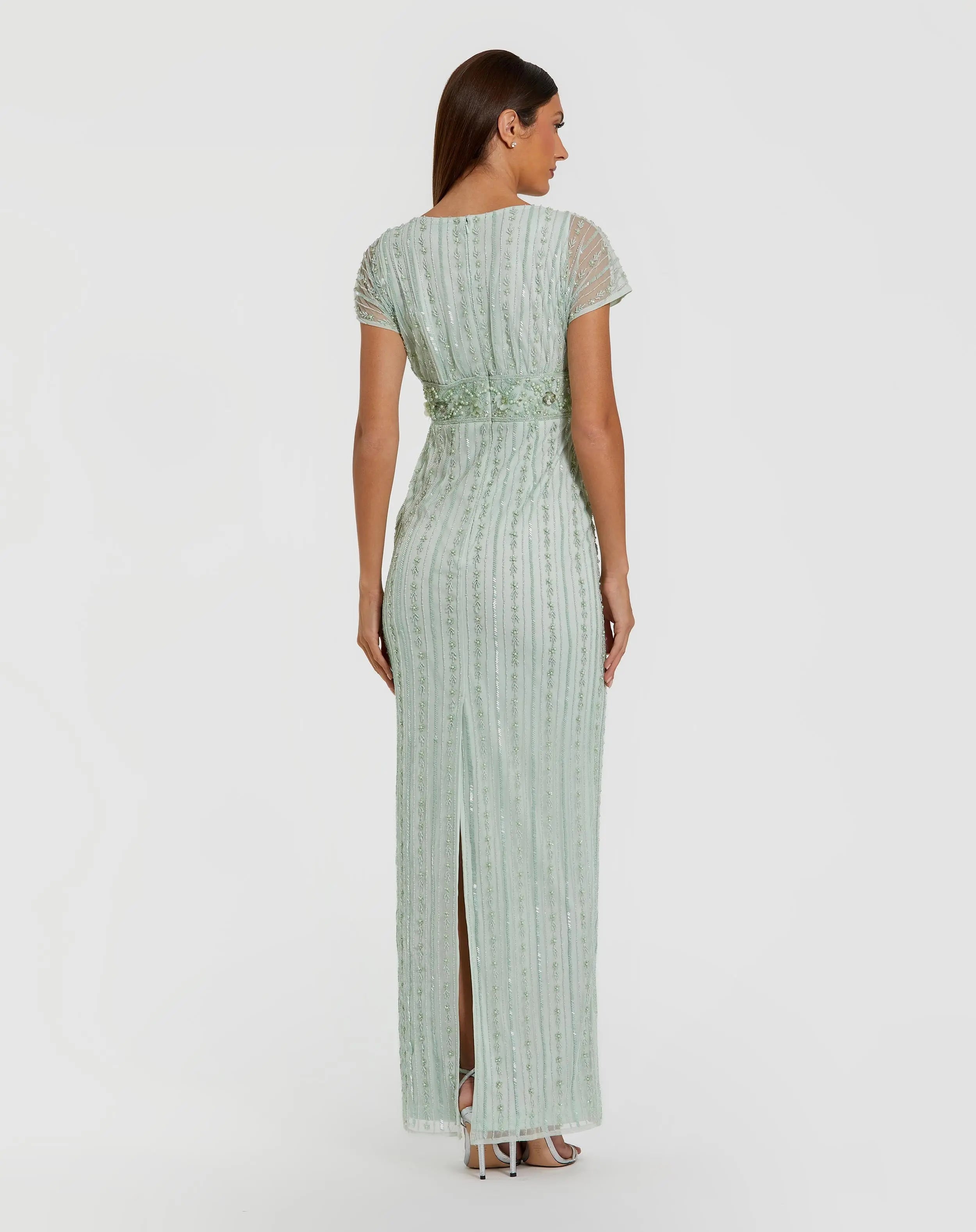 Blue Beaded Blouson Column Gown Mac Duggal