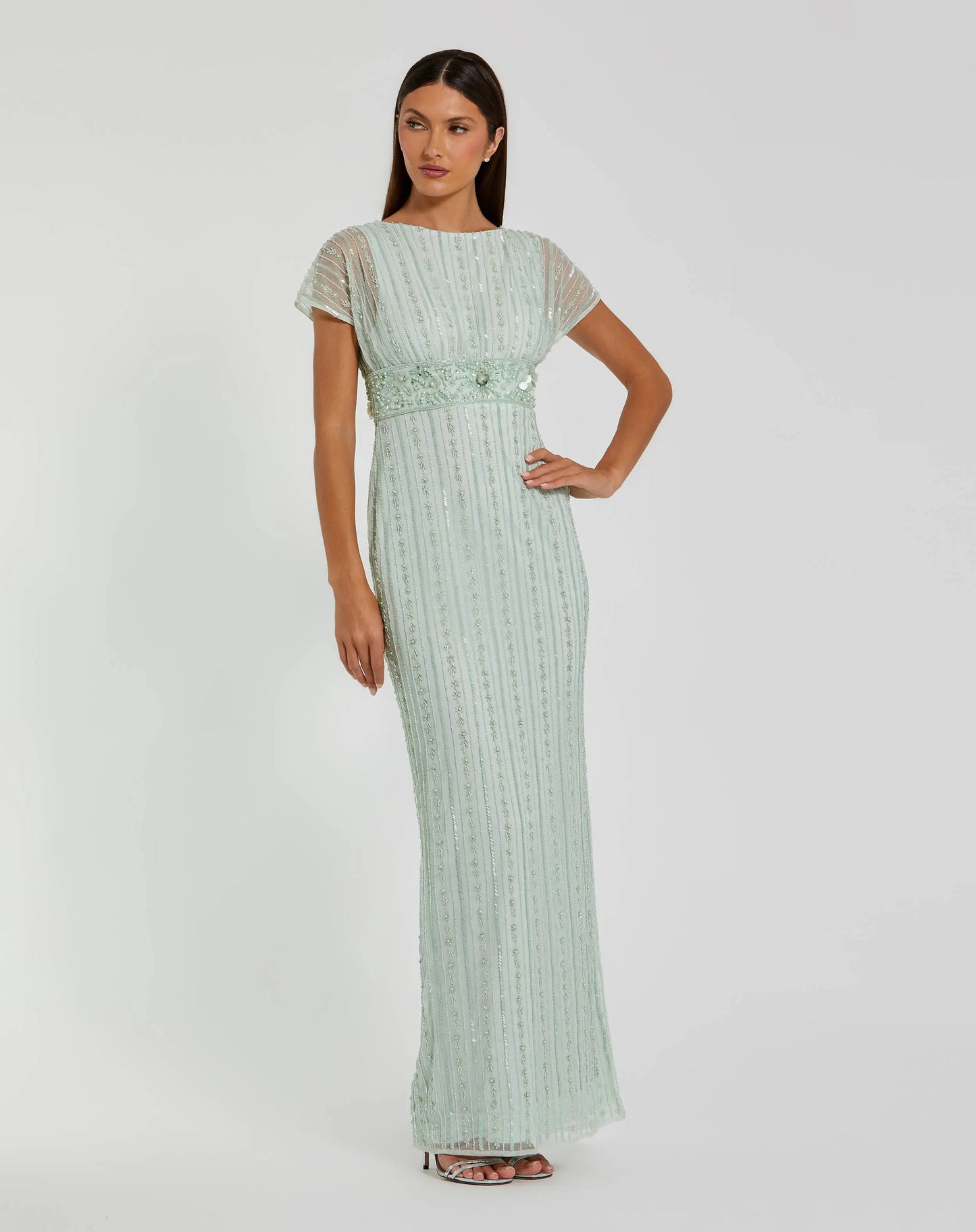 Blue Beaded Blouson Column Gown Mac Duggal