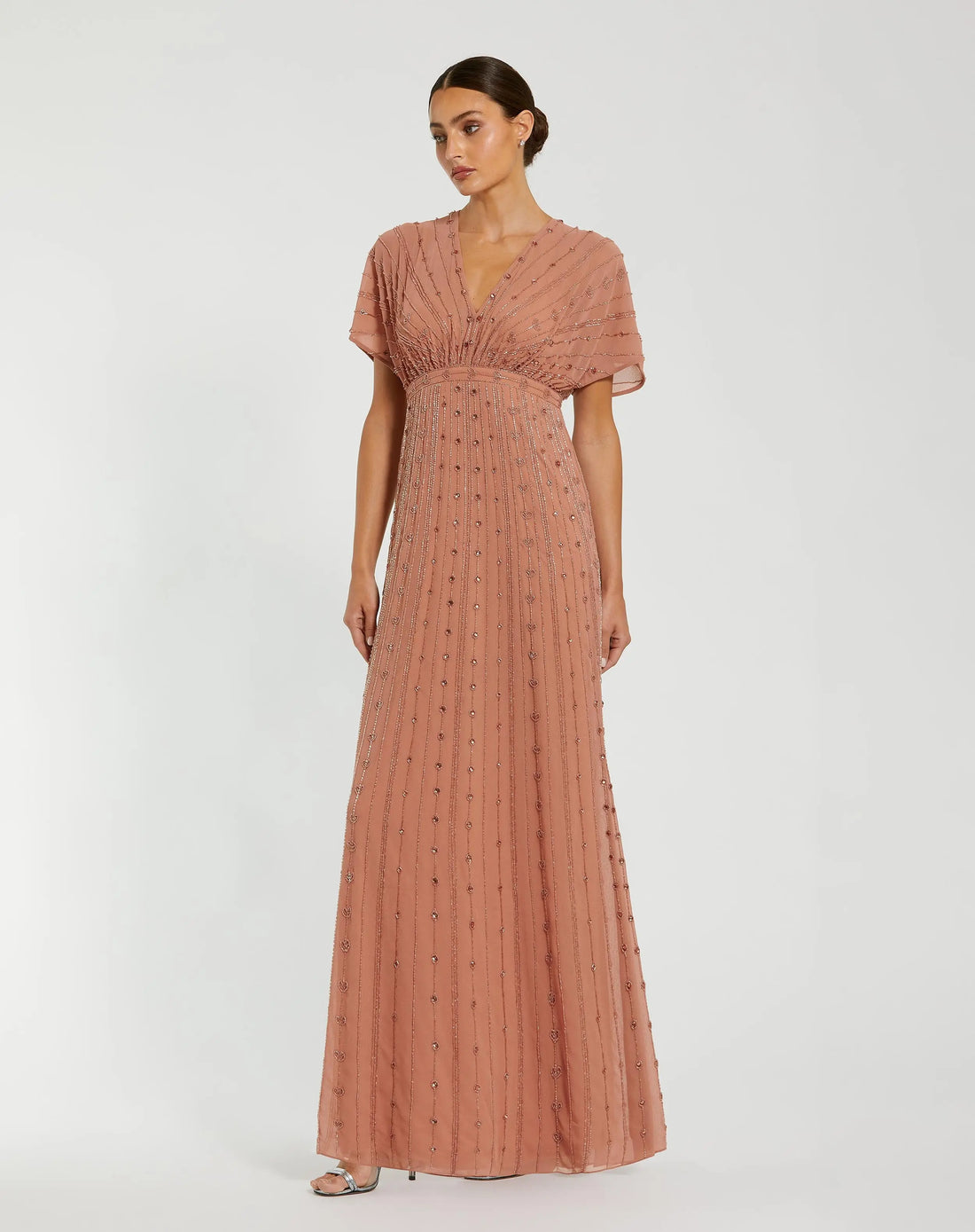 Pink Beaded Short Sleeve V-Neck Gown Mac Duggal