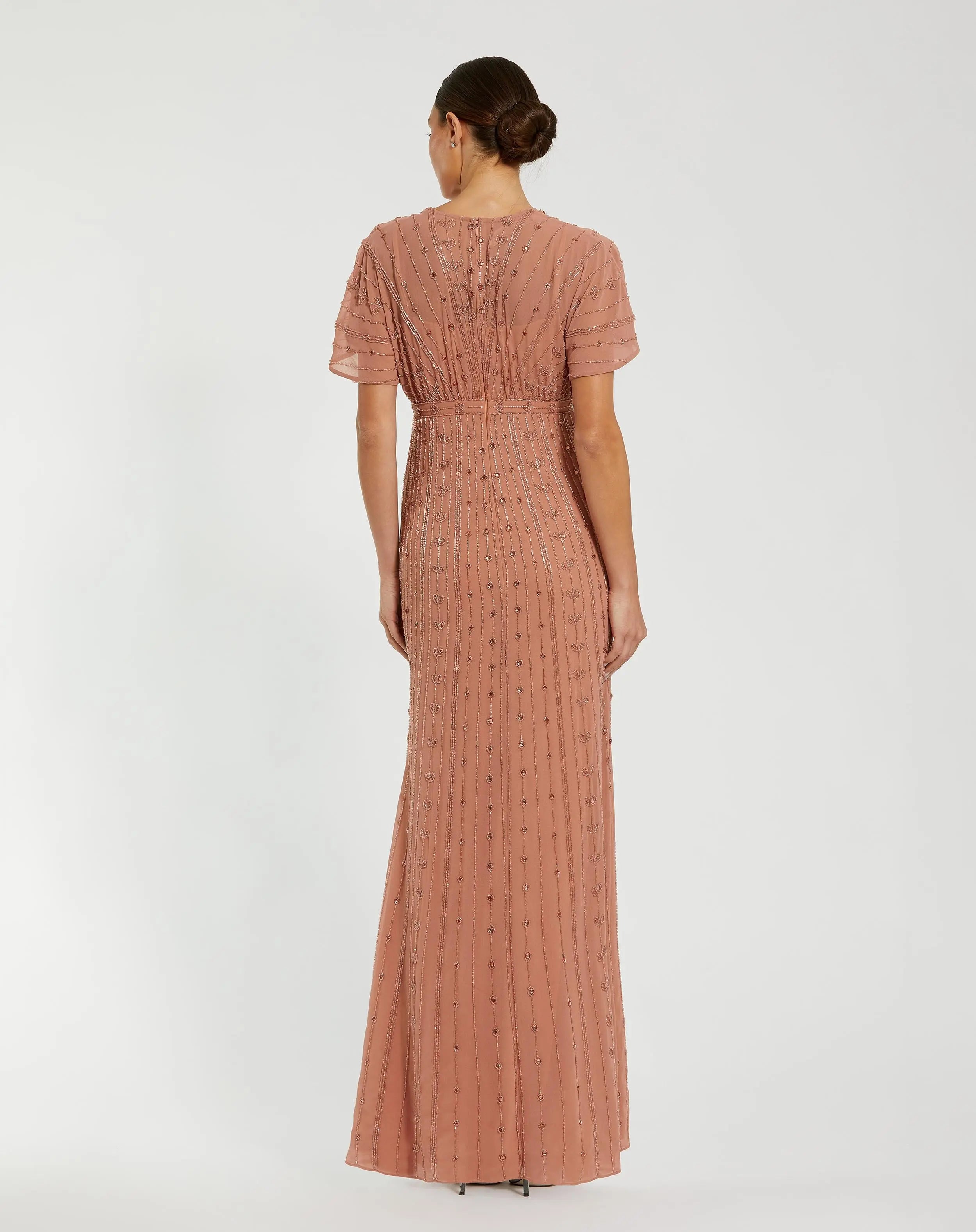 Pink Beaded Short Sleeve V-Neck Gown Mac Duggal 