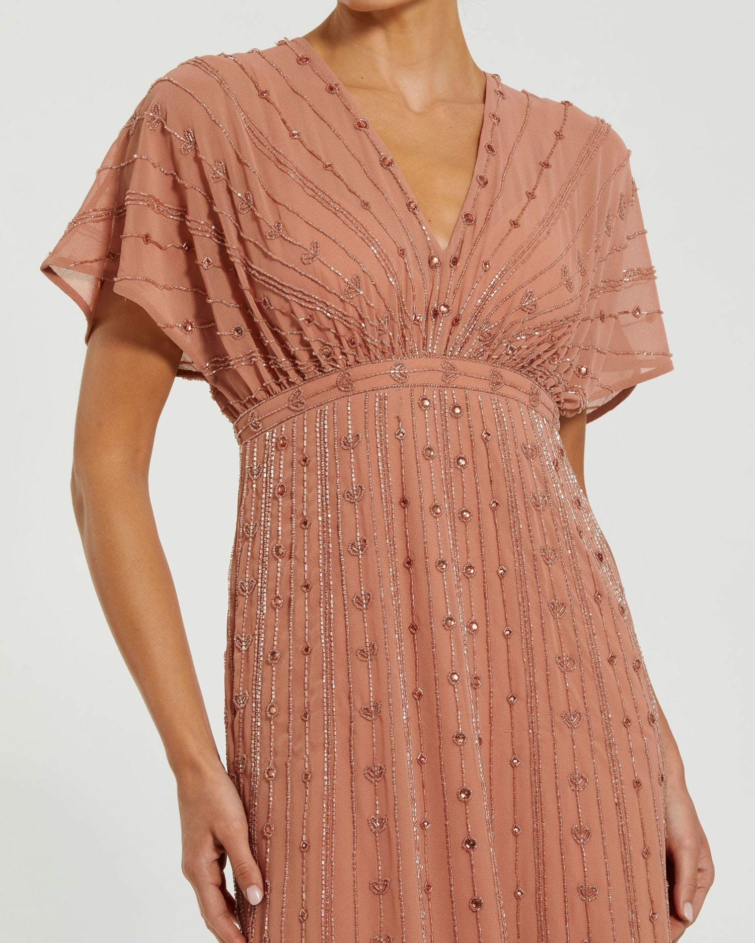 Pink Beaded Short Sleeve V-Neck Gown Mac Duggal 