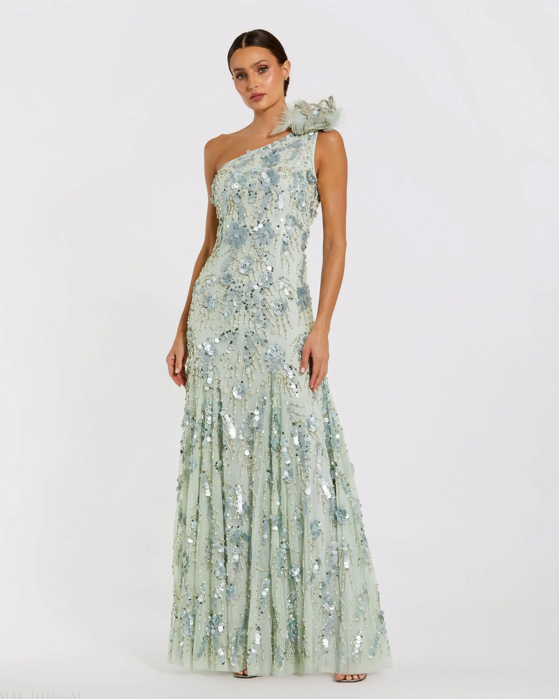 Green Embellished One Shoulder Trumpet Gown with Flower - Mac Duggal