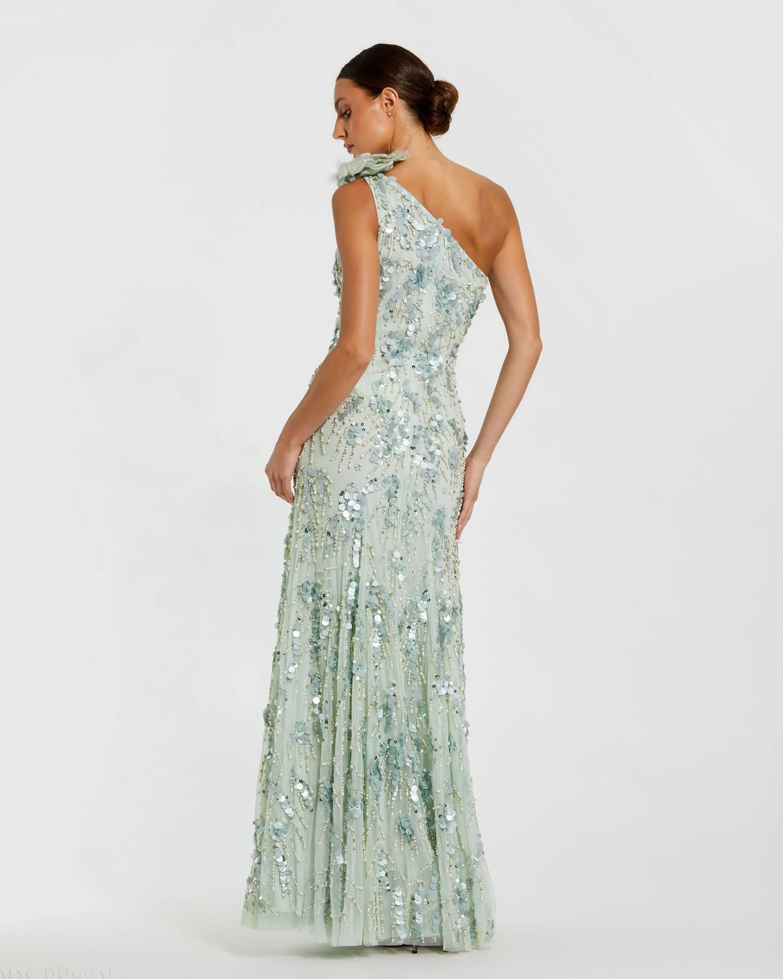 Green Embellished One Shoulder Trumpet Gown with Flower - Mac Duggal