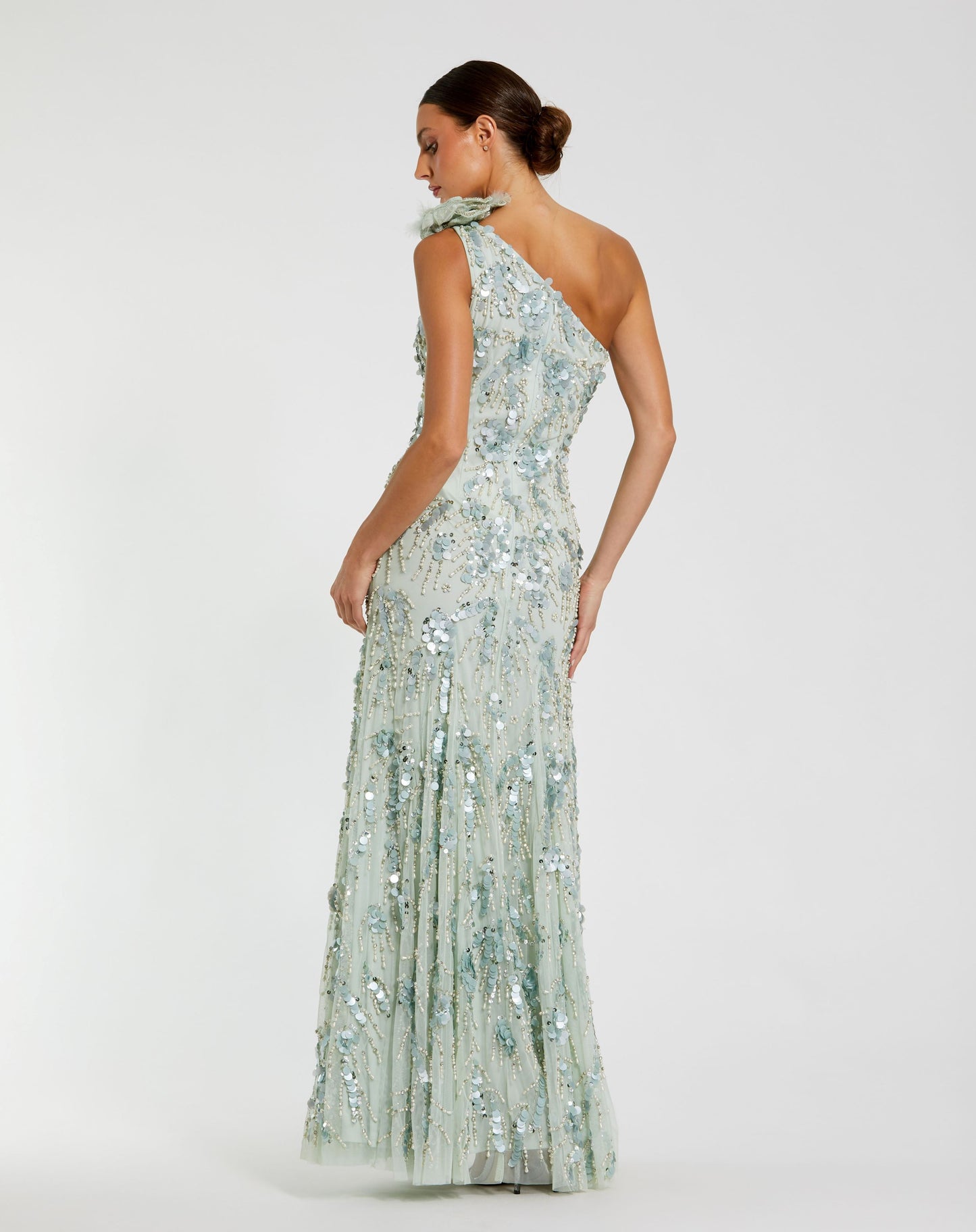 Beaded Mesh One Shoulder Trumpet Gown With Flower