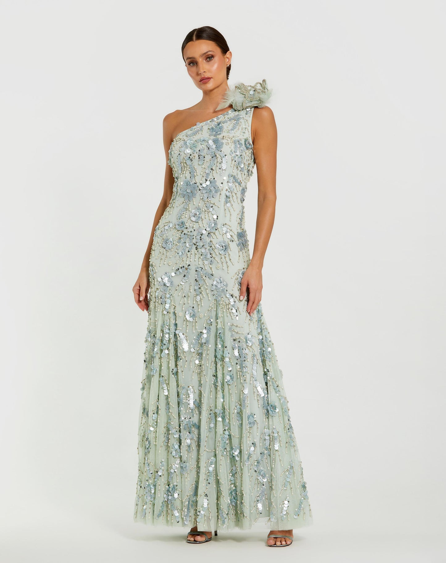 Beaded Mesh One Shoulder Trumpet Gown With Flower