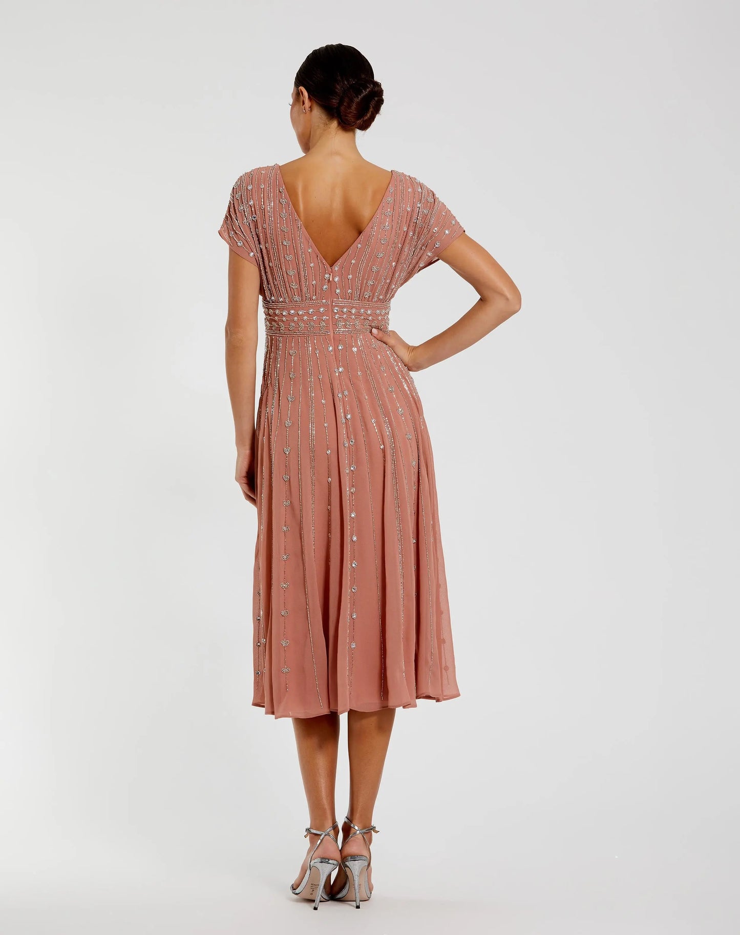Pink Embellished Short Sleeve Midi Dress Mac Duggal