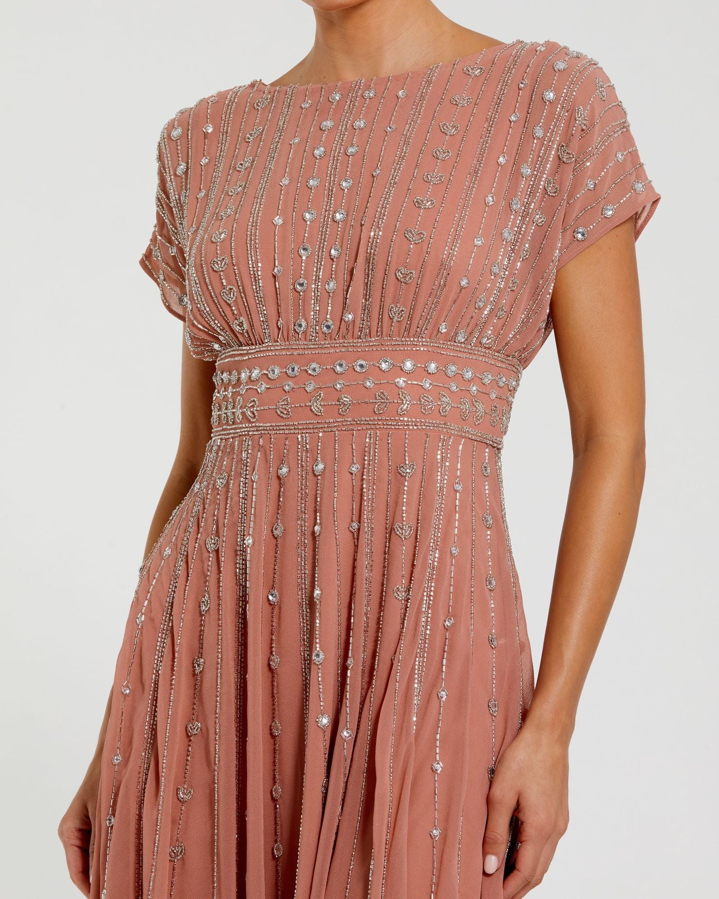 Pink Embellished Short Sleeve Midi Dress Mac Duggal