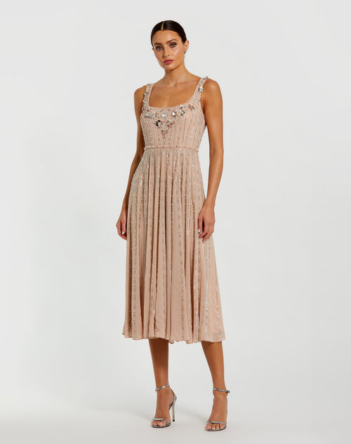 Pink Sleeveless Scoop Neck Beaded Georgette Midi Dress