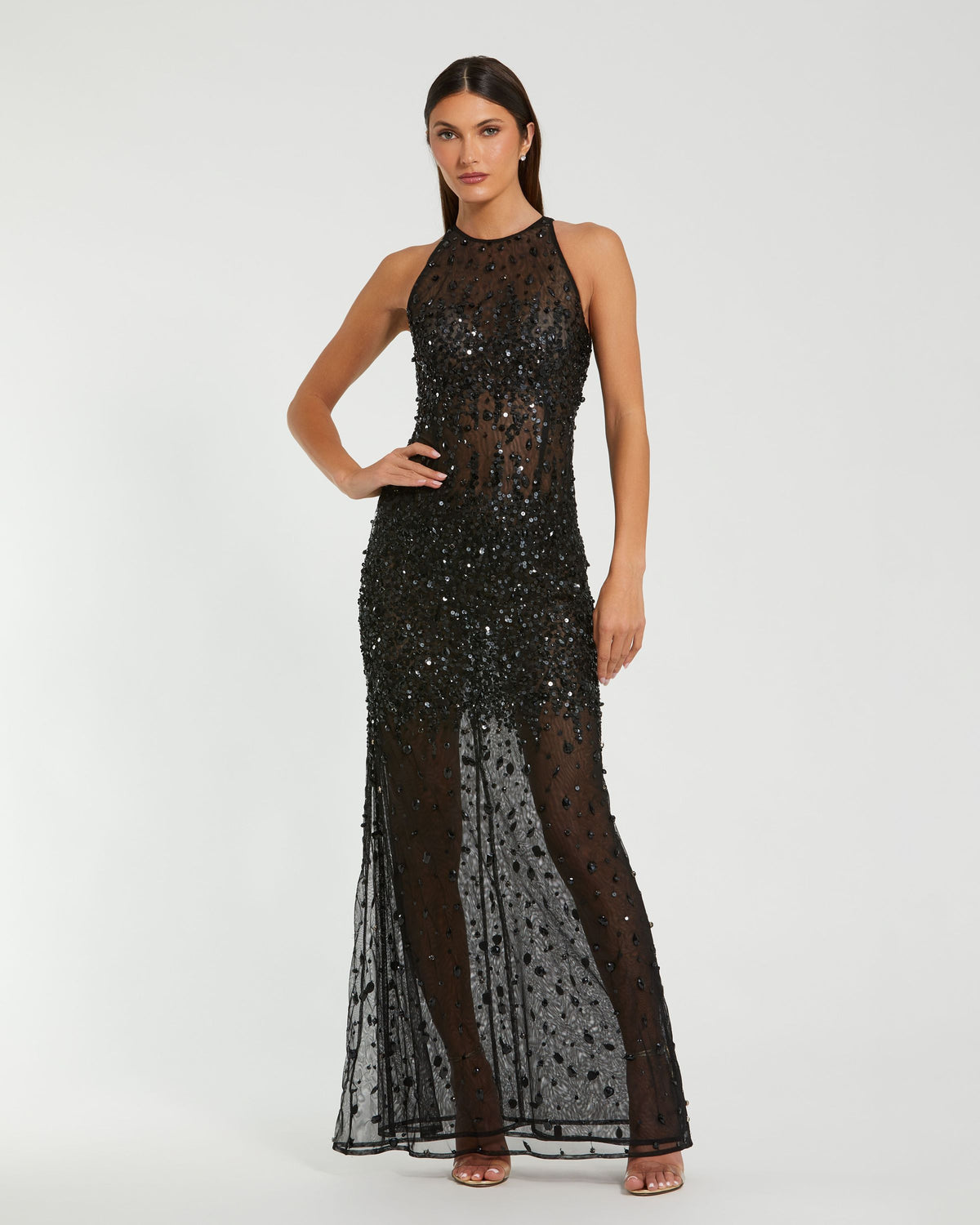 Black Embellished Sheer Halter Gown -Mac Duggal