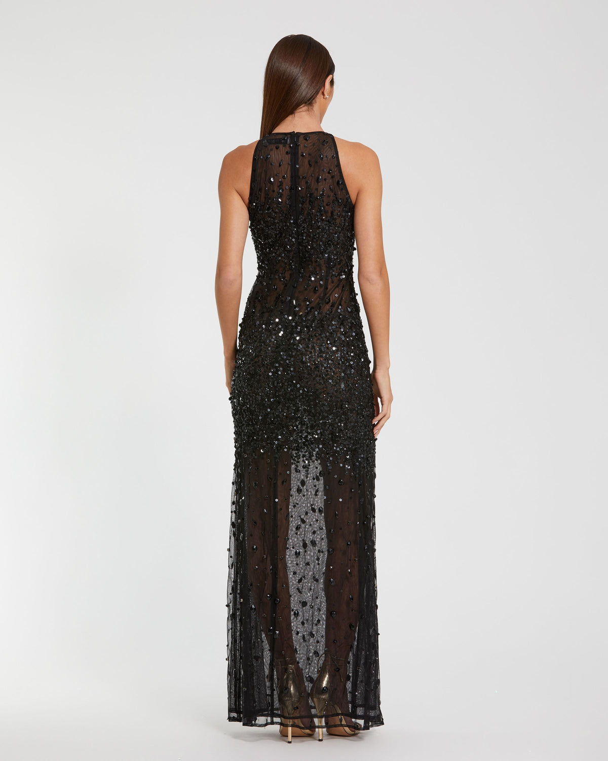 Black Embellished Sheer Halter Gown -Mac Duggal