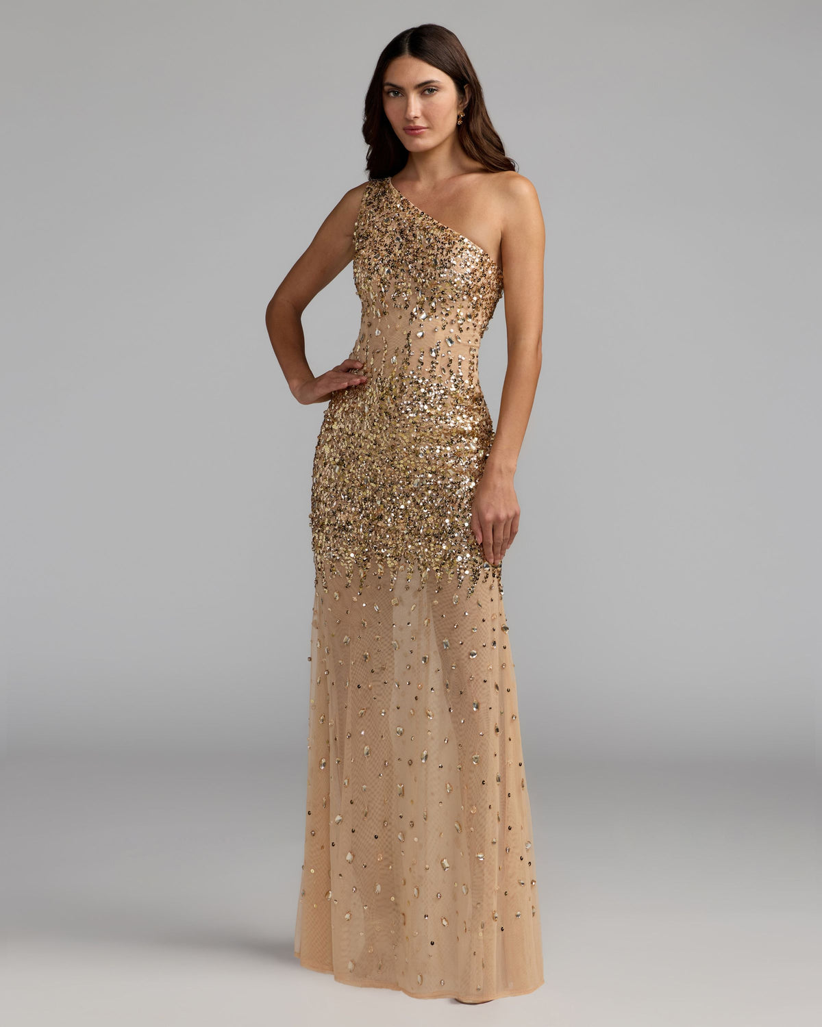 Gold One Shoulder Embellished Illusion Gown Mac Duggal