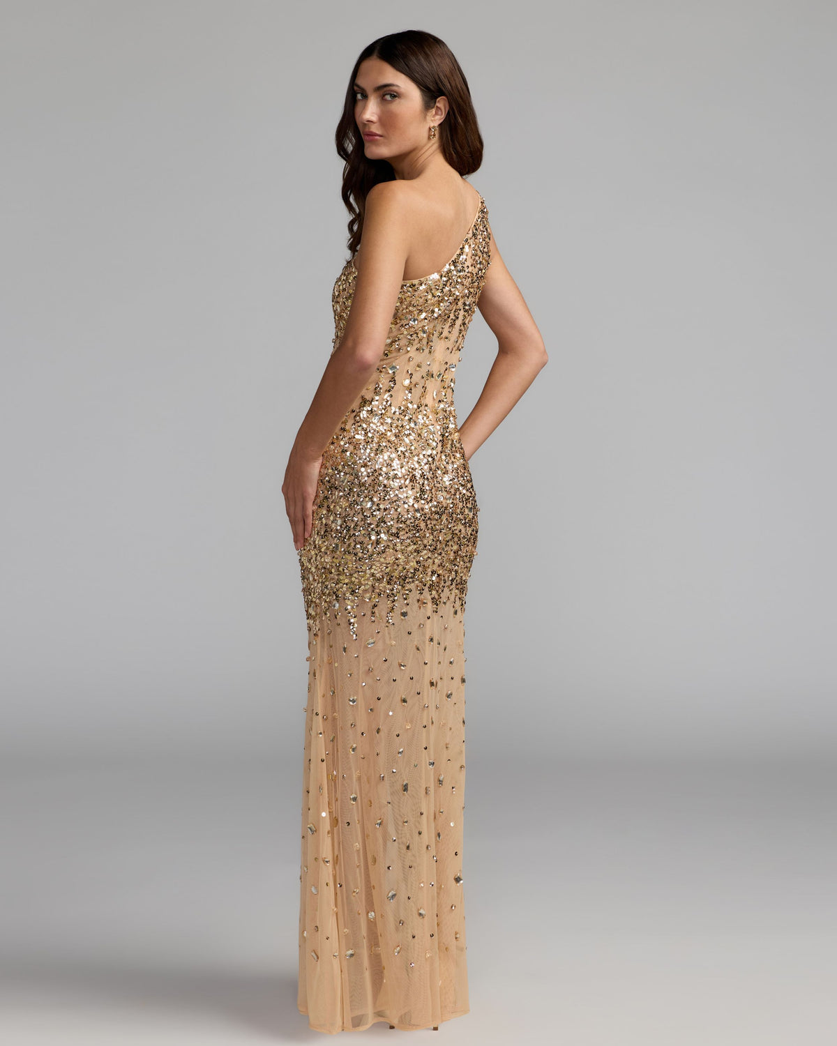 Gold One Shoulder Embellished Illusion Gown Mac Duggal