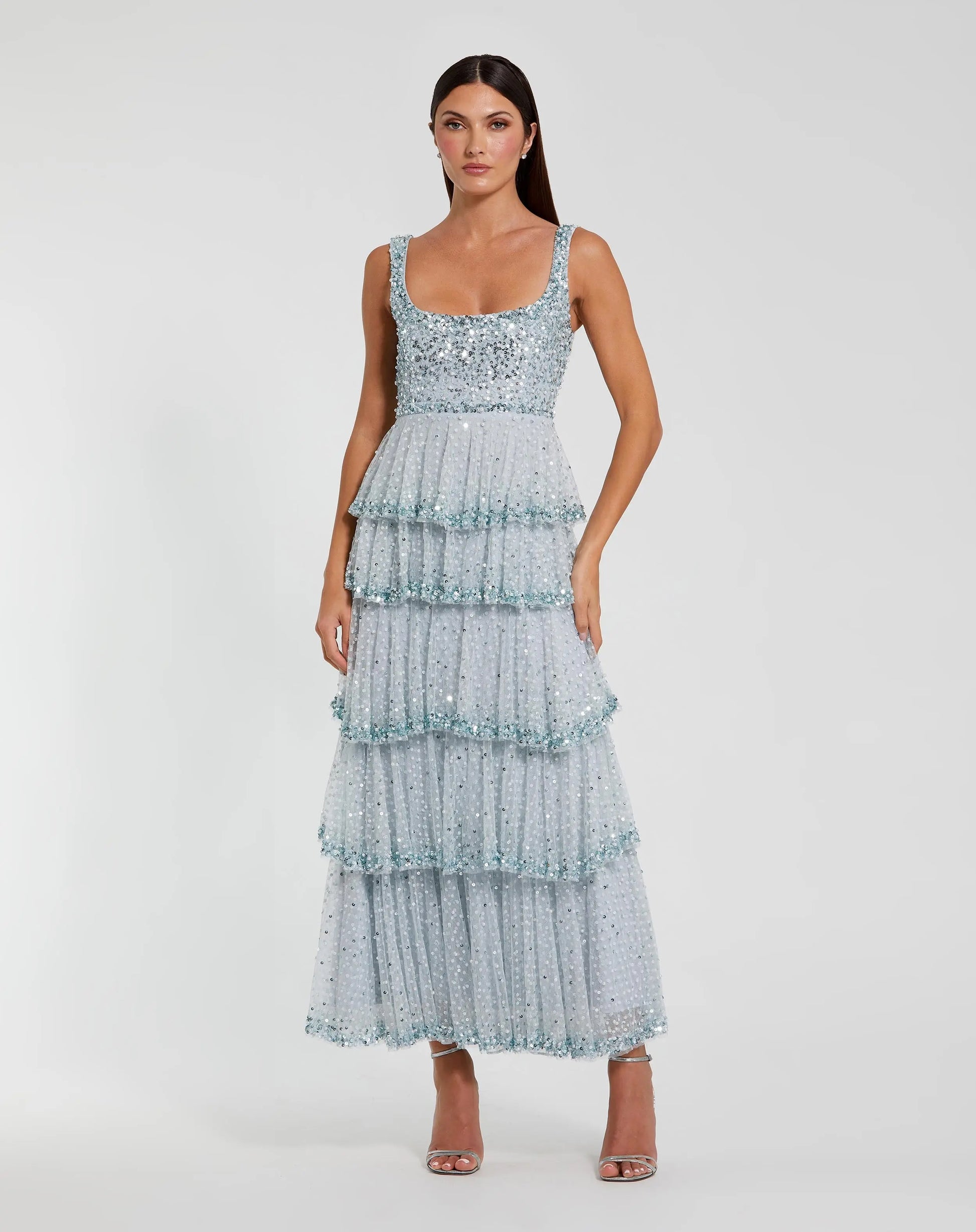 Blue Embellished Net Tiered Ruffle Scoop Neck Dress - Mac Duggal 