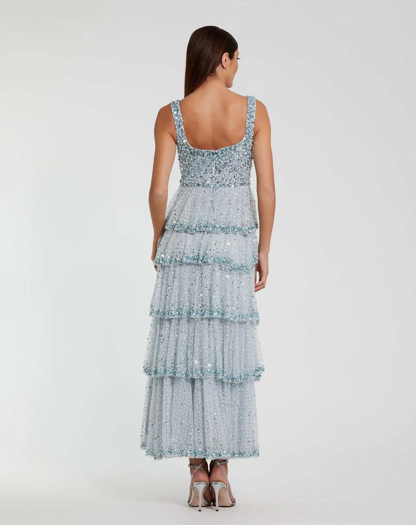Blue Embellished Net Tiered Ruffle Scoop Neck Dress - Mac Duggal 