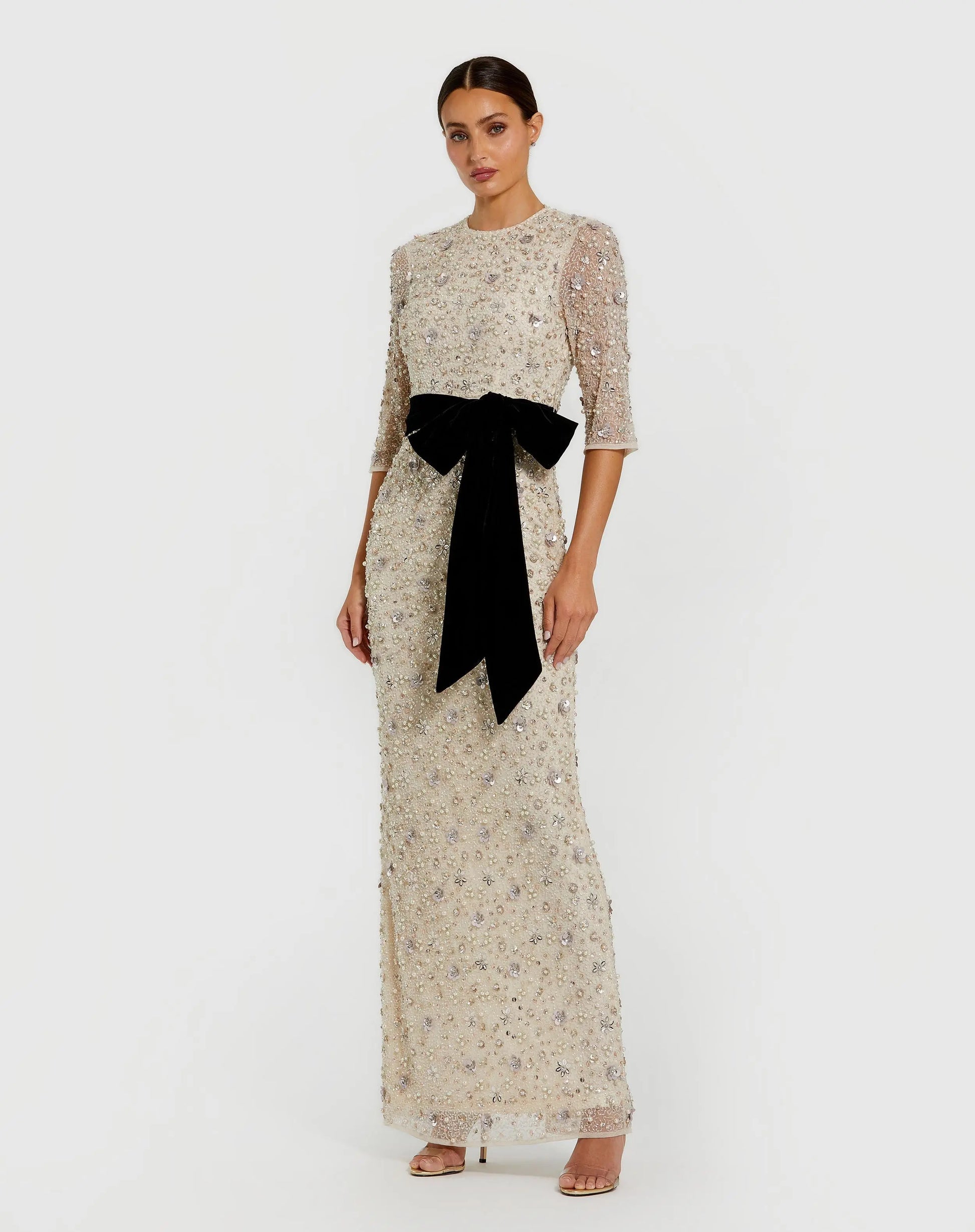 Ivory Embellished Evening Gown with Velvet Bow | Mac Duggal Ivory Embellished Evening Gown with Velvet Bow | Mac Duggal