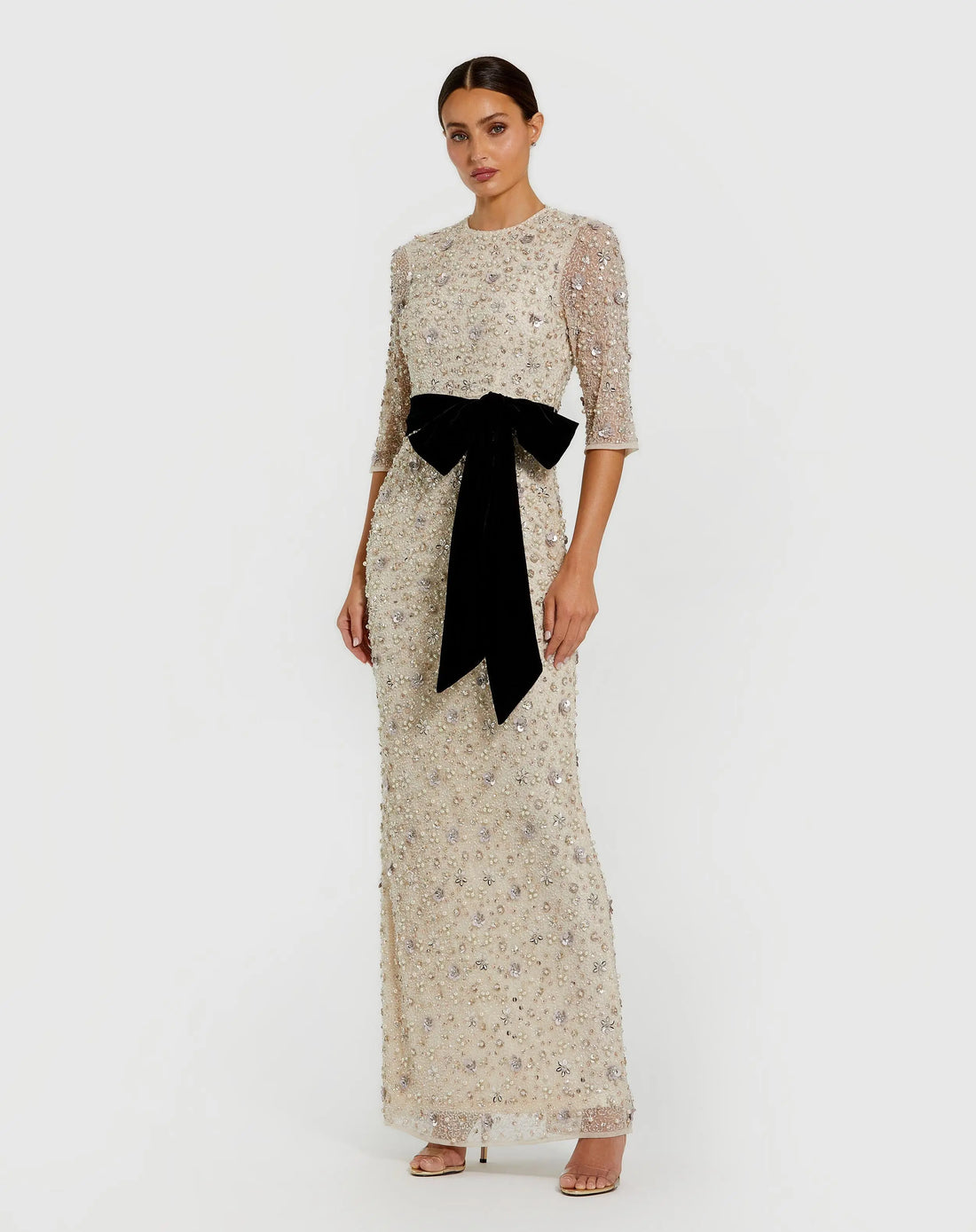 Ivory Embellished Evening Gown with Velvet Bow | Mac Duggal Ivory Embellished Evening Gown with Velvet Bow | Mac Duggal