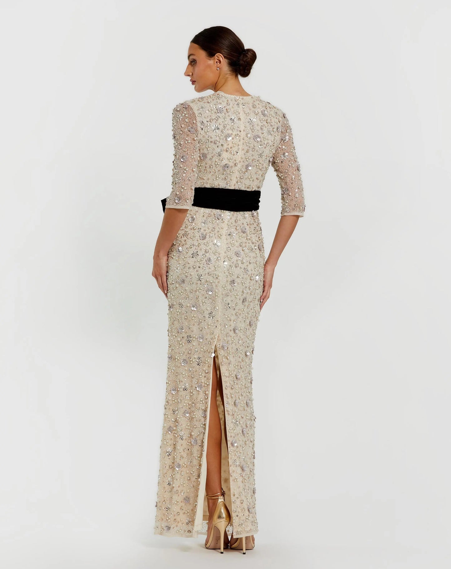 Beaded Mesh 3/4 Sleeve Column Gown With Bow Belt - Mac Duggal