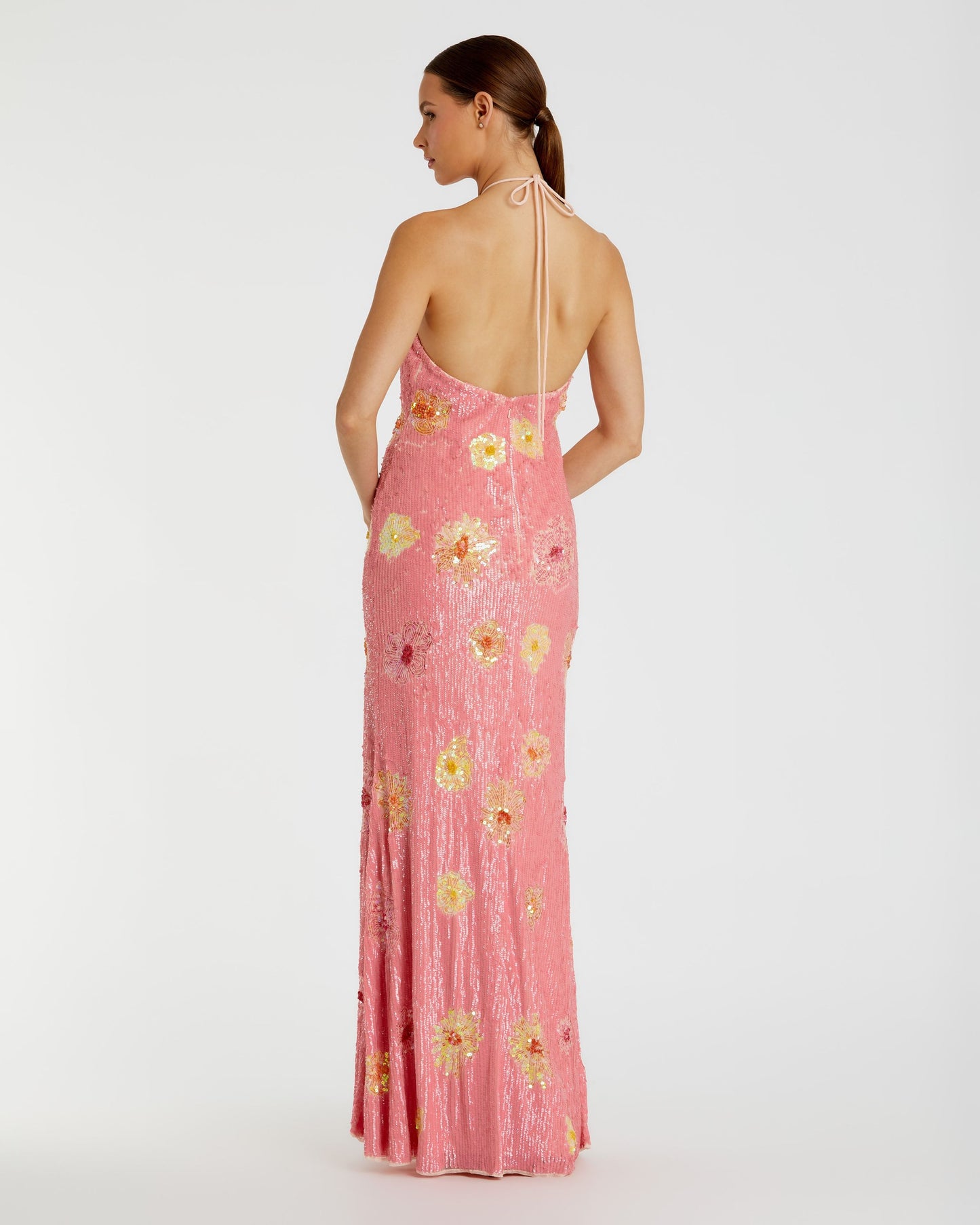 Pink Floral Beaded Halter Gown with 3D Flower Mac Duggal