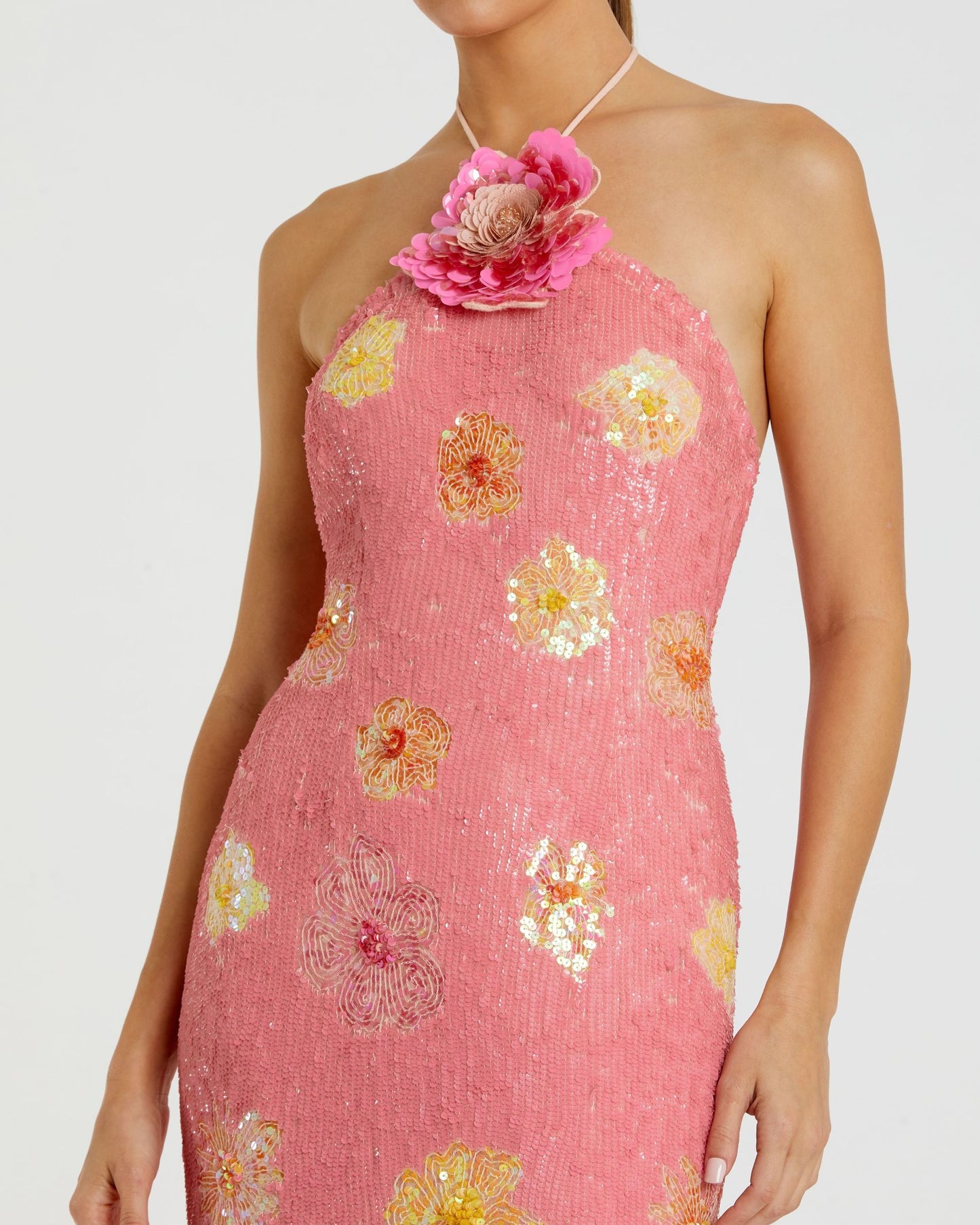Pink Floral Sequin Halter Gown With 3D Flower Mac Duggal