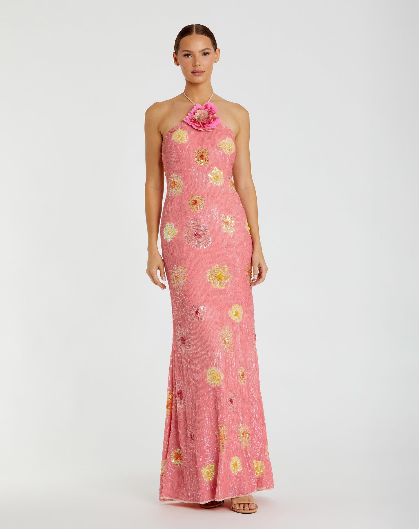 Pink Floral Beaded Halter Gown with 3D Flower Mac Duggal