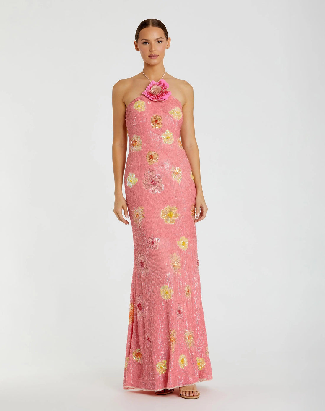 Pink Floral Beaded Halter Gown with 3D Flower Mac Duggal Pink Floral Beaded Halter Gown with 3D Flower Mac Duggal