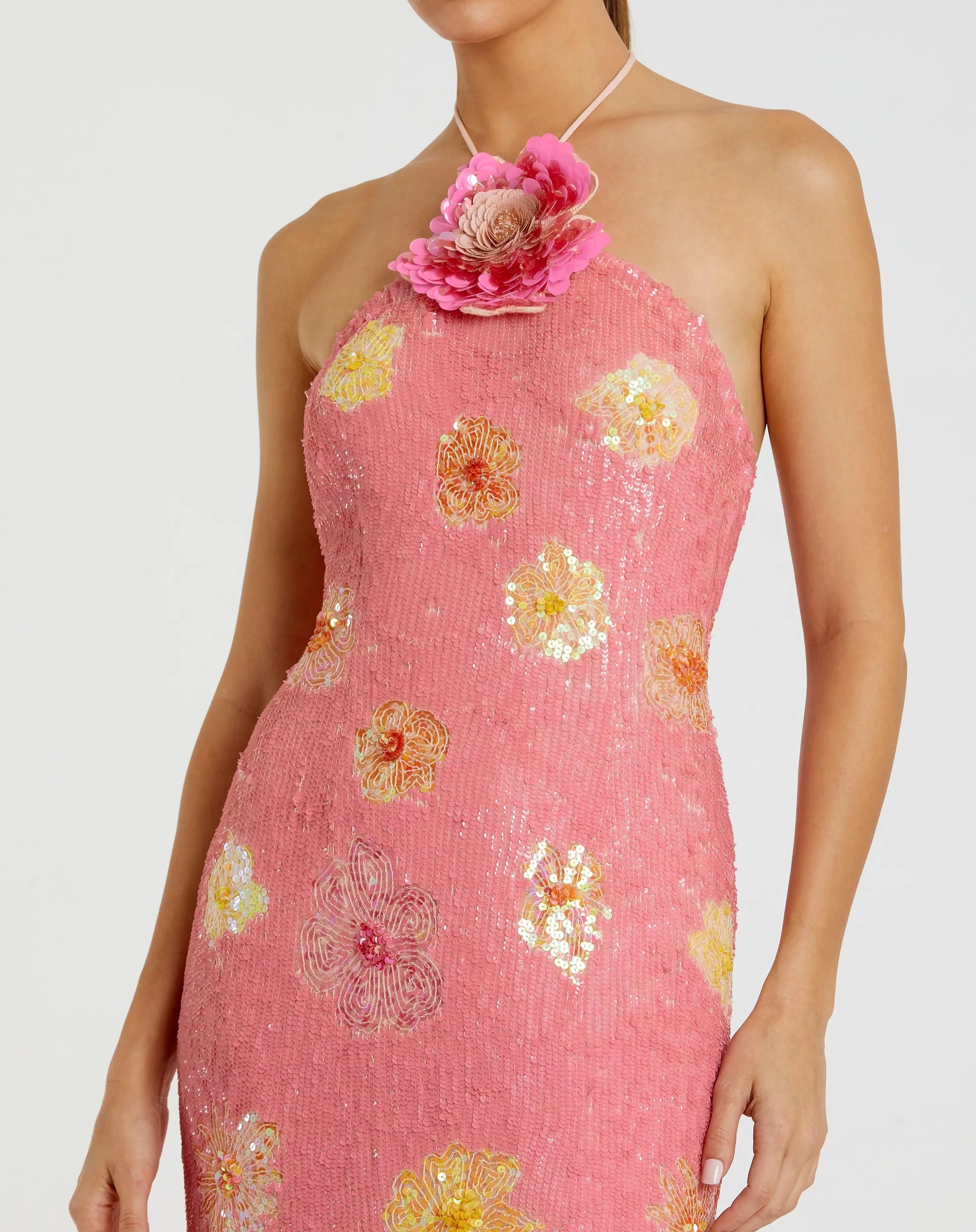 Pink Floral Beaded Halter Gown with 3D Flower Mac Duggal Pink Floral Beaded Halter Gown with 3D Flower Mac Duggal