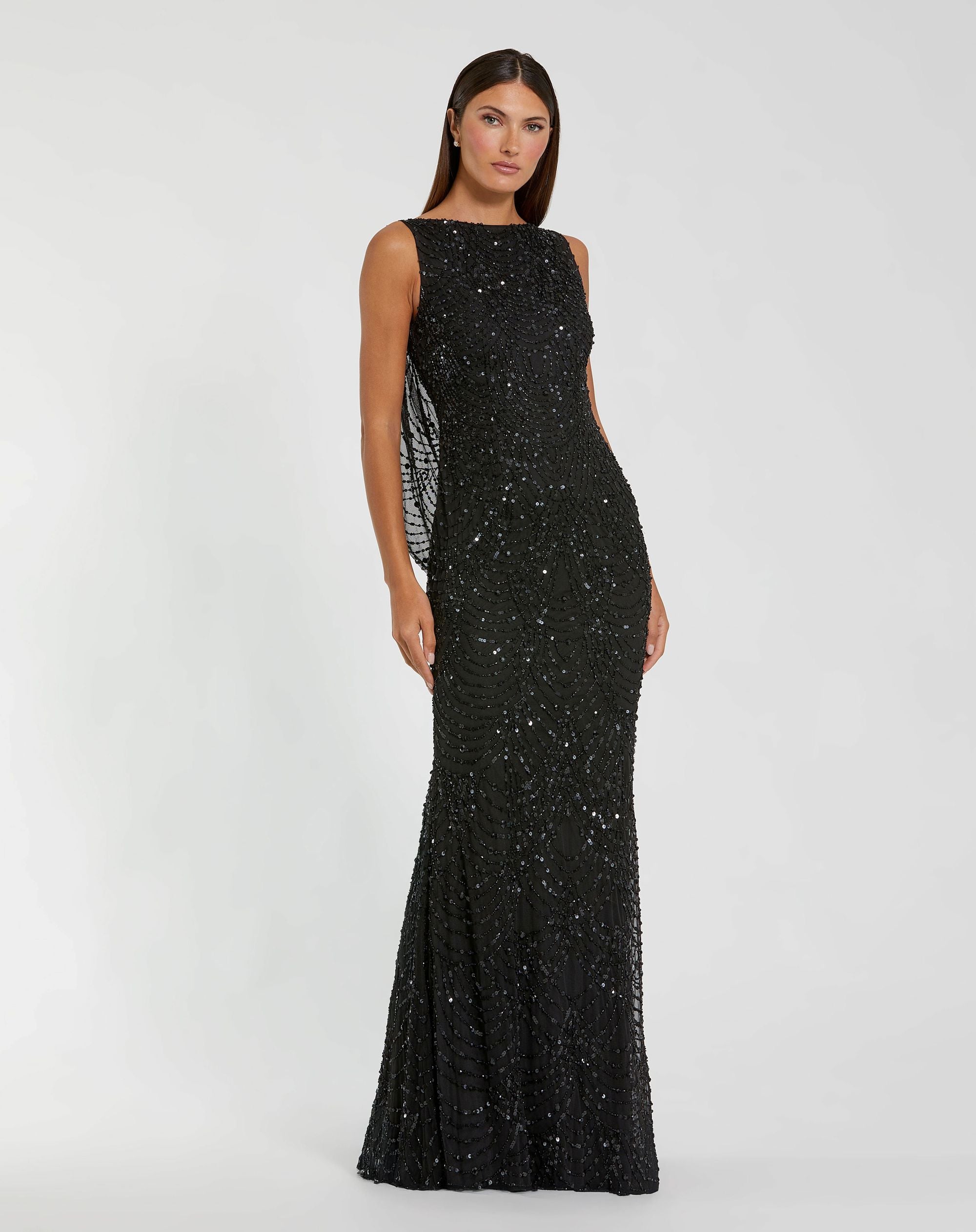 Black Beaded Open Back Column Gown Mac Duggal