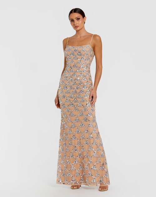 Nude Sleeveless Rhinestone Embellished Gown Mac Duggal