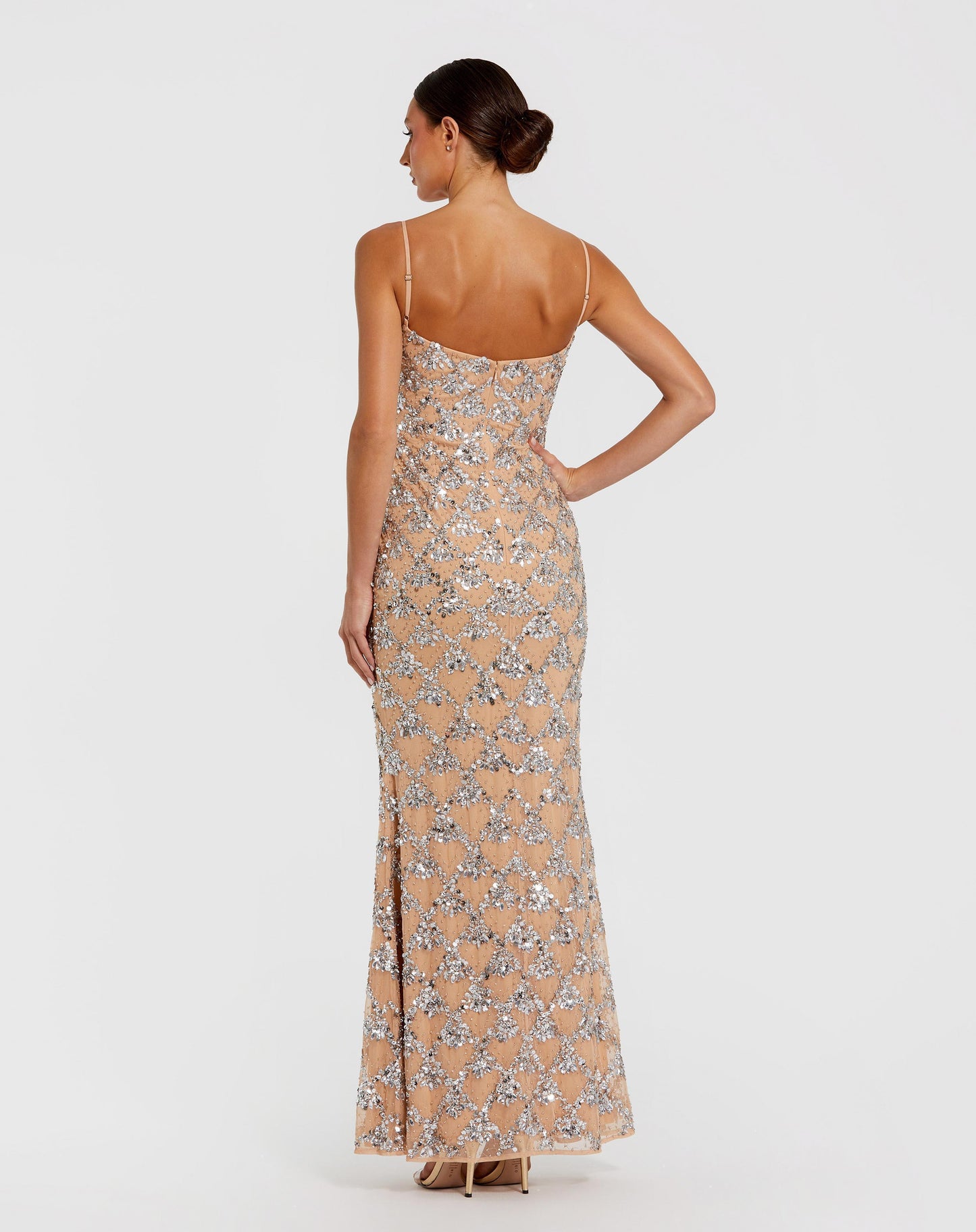 Nude Sleeveless Rhinestone Embellished Gown Mac Duggal