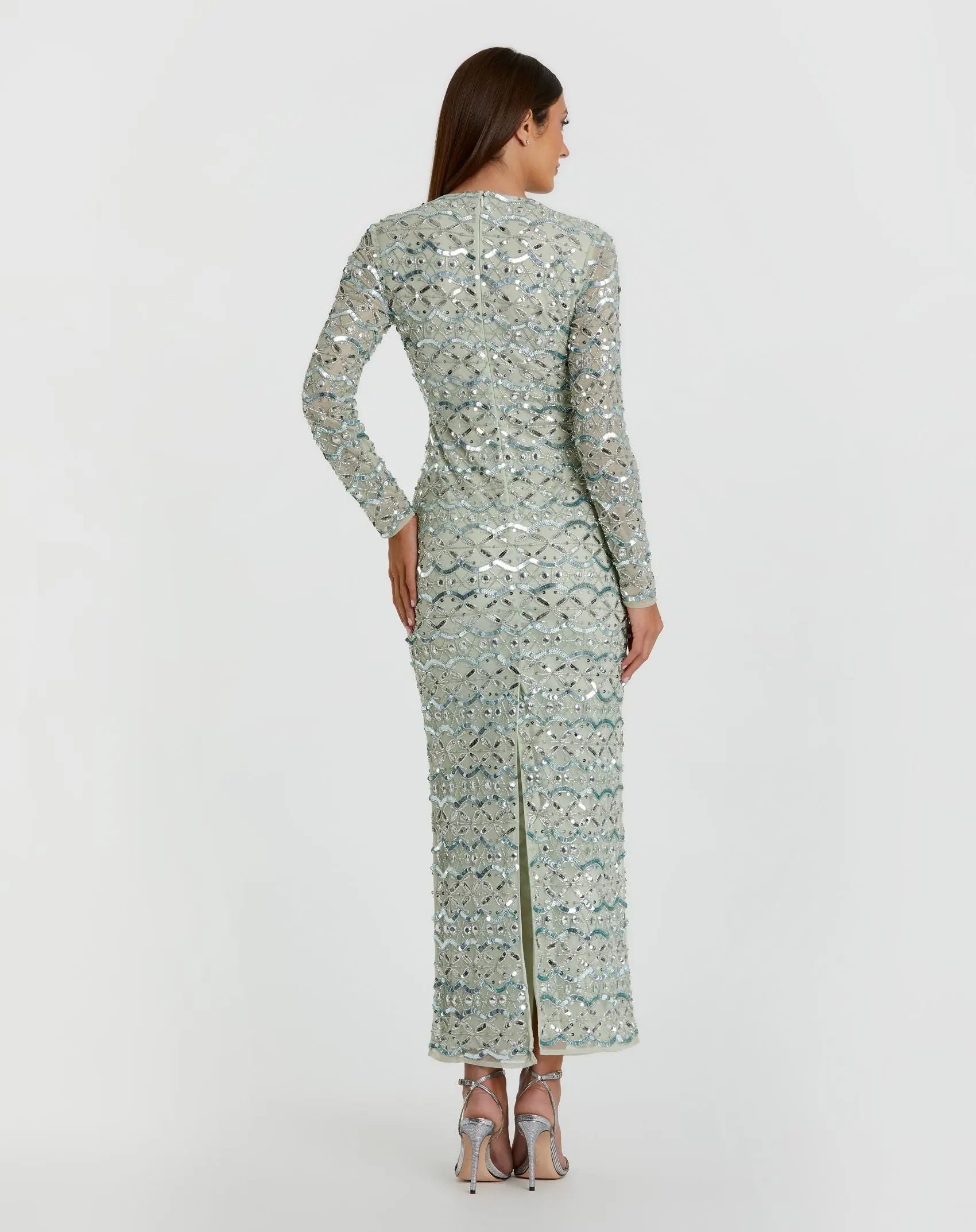 maxi embellished dress with sleeves Green High Neck Long Sleeve Embellished Dress
