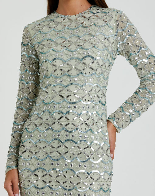 Green High Neck Long Sleeve Embellished Dress - Mac Duggal