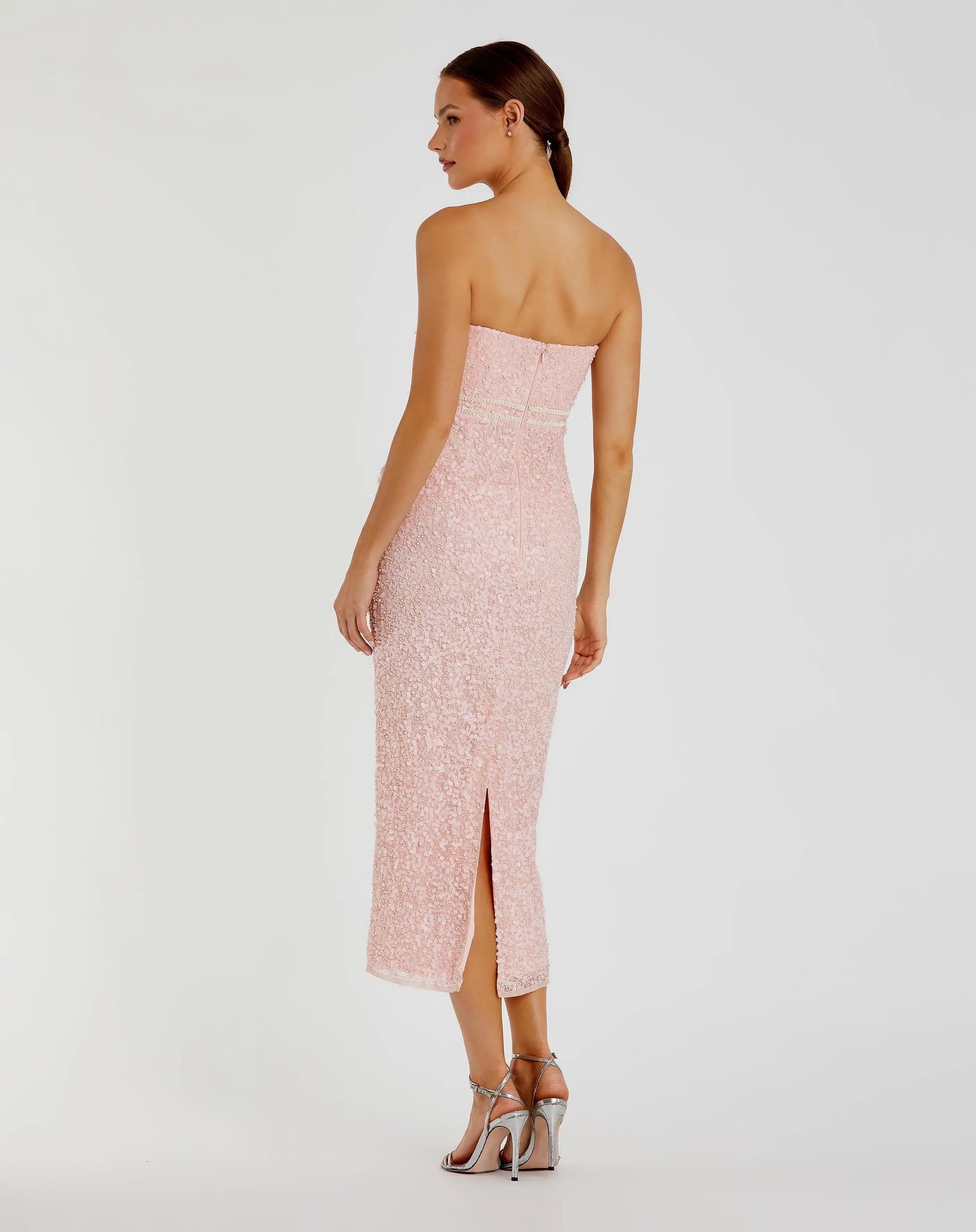 Pink Pearl Embellished Strapless Midi Dress | Mac Duggal Pink Pearl Embellished Strapless Midi Dress | Mac Duggal