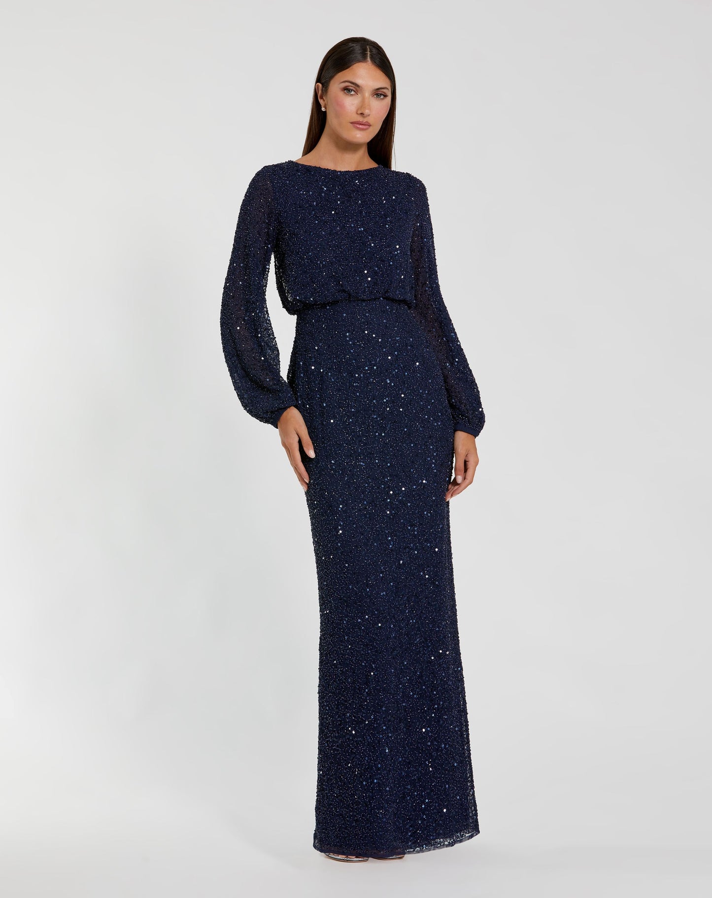 Navy Sequin Blouson Long Sleeve Gown - Mac Duggal