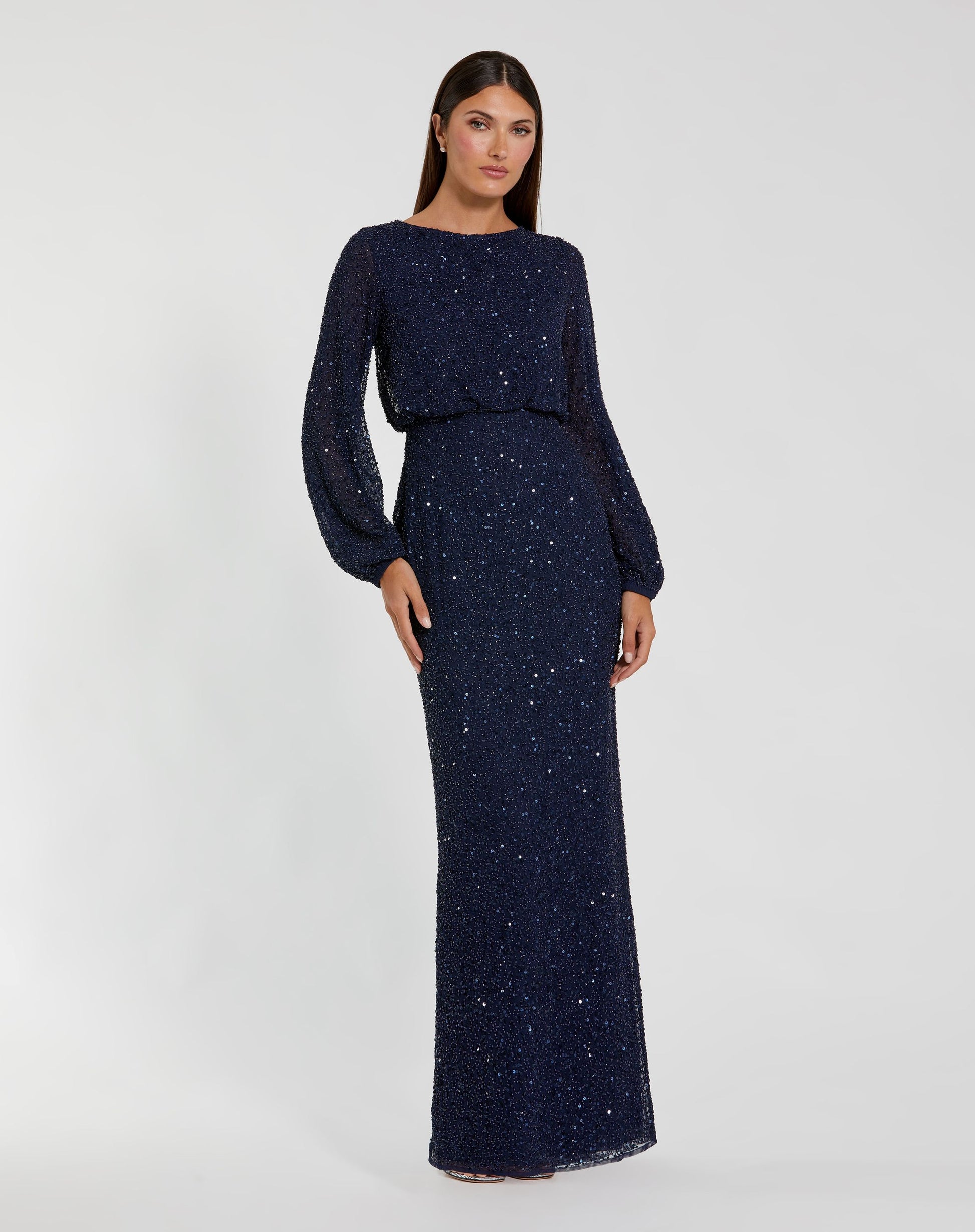 Navy Sequin Blouson Long Sleeve Gown - Mac Duggal