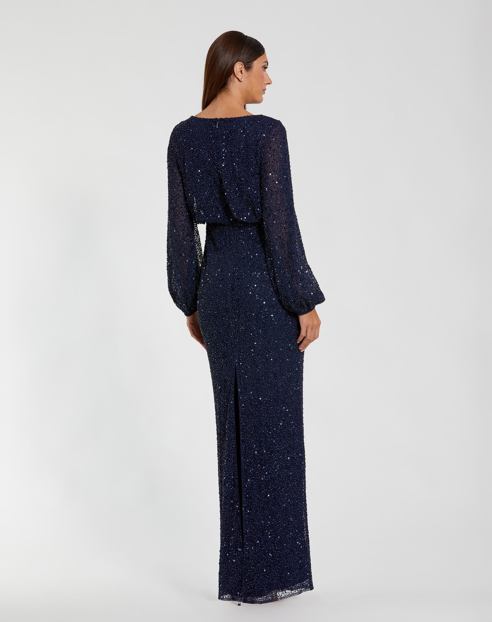 Navy Sequin Blouson Long Sleeve Gown - Mac Duggal