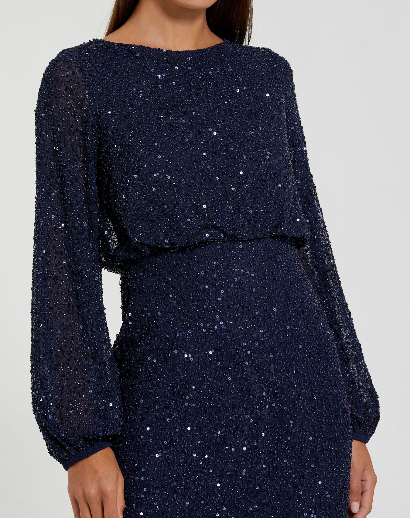 navy long sleeve sequin dress Blouson Gown Size:UK10 CHURCH FRIENDLY FORMAL DRESS 55