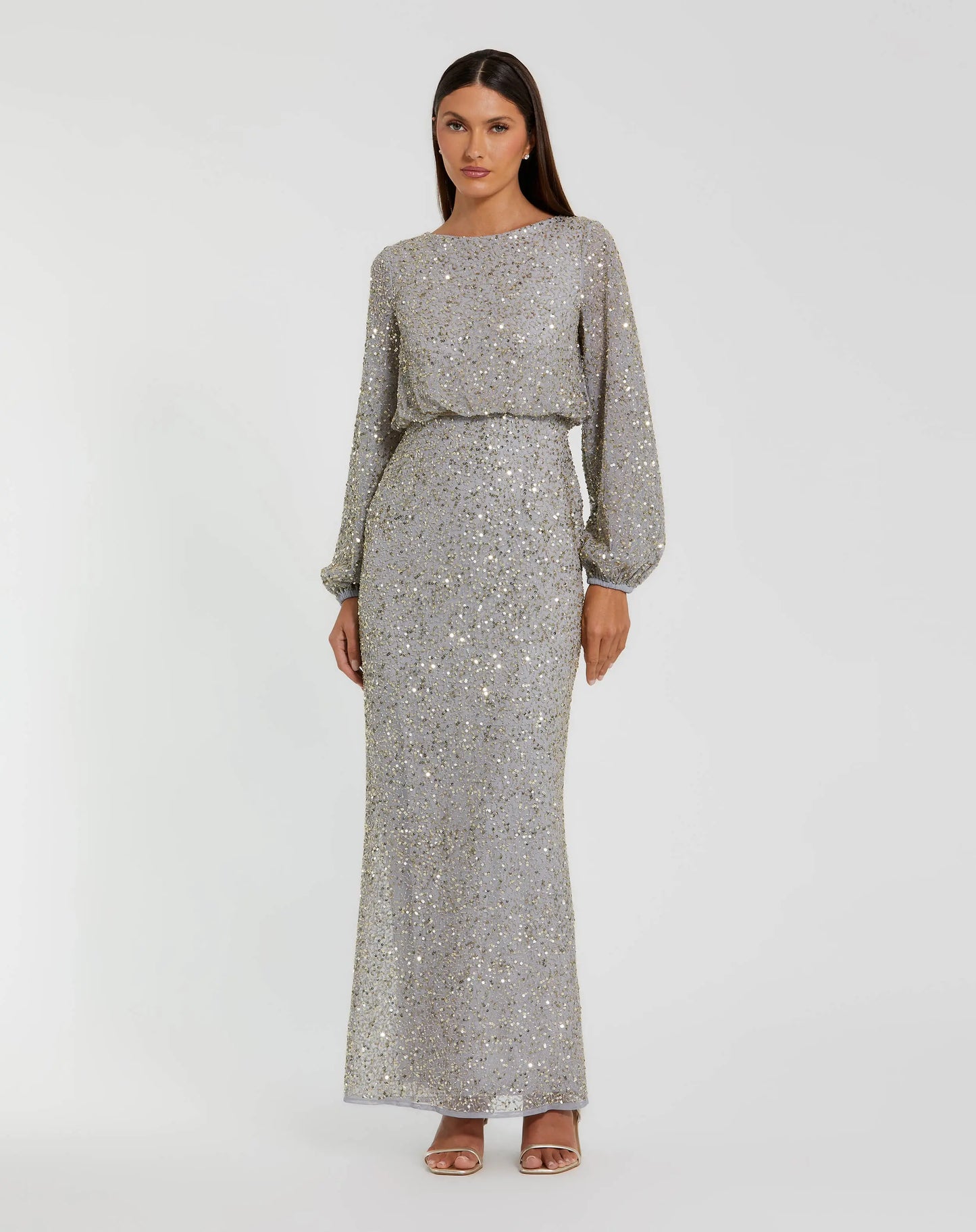 Gray Sequin Blouson Long Sleeve Gown Mac Duggal
