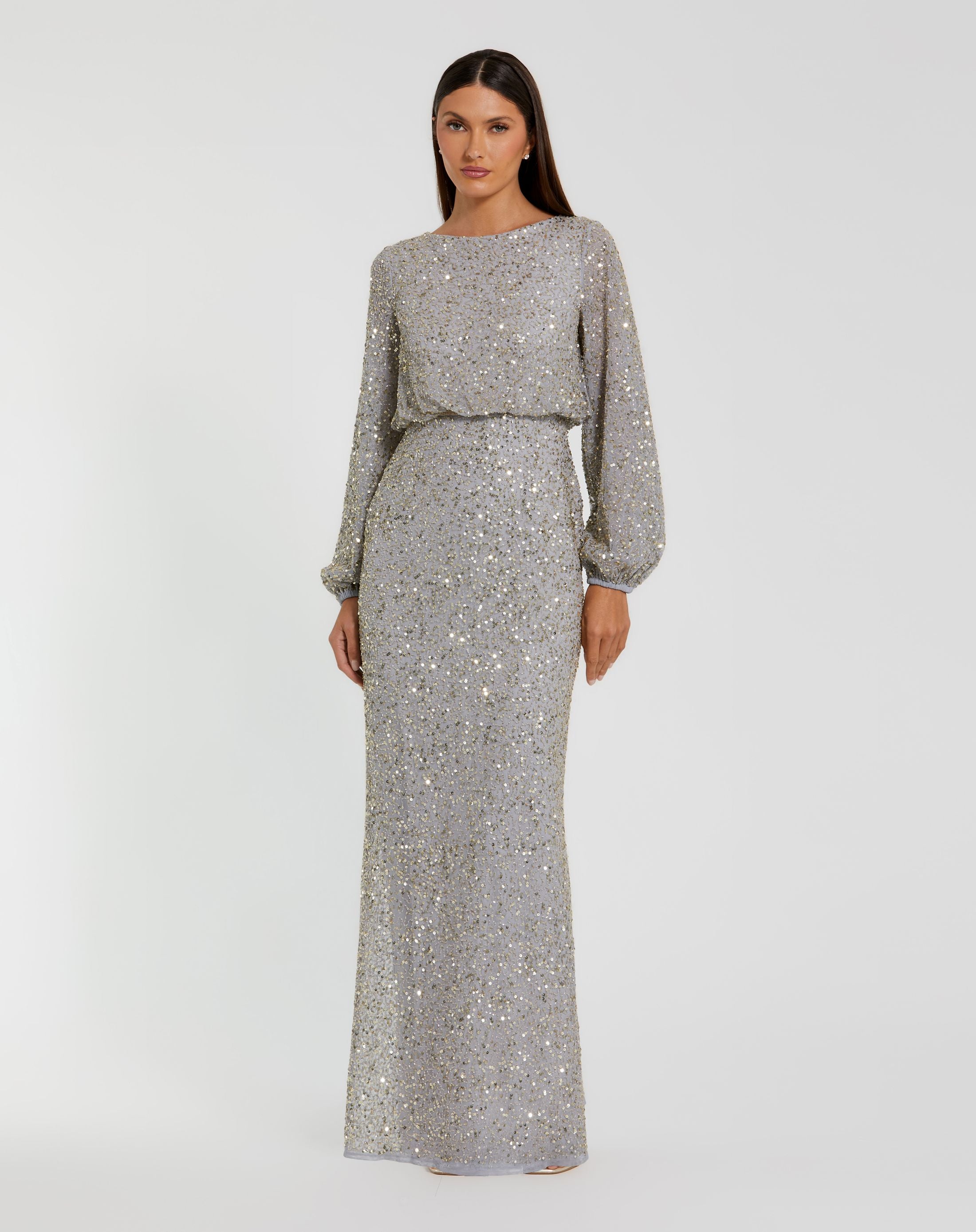 Gray Sequin Blouson Long Sleeve Gown Mac Duggal