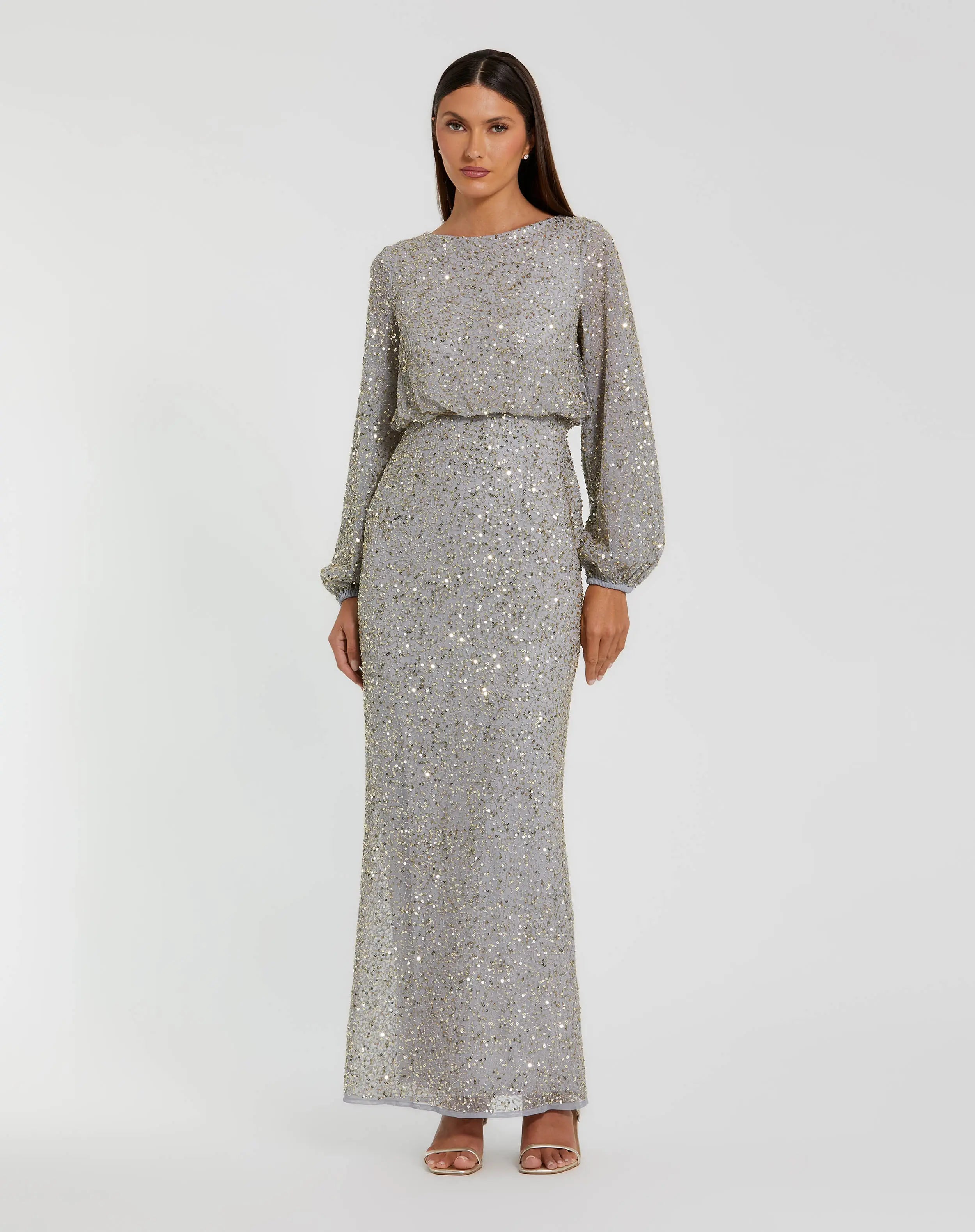 Gray Sequin Blouson Long Sleeve Gown Mac Duggal