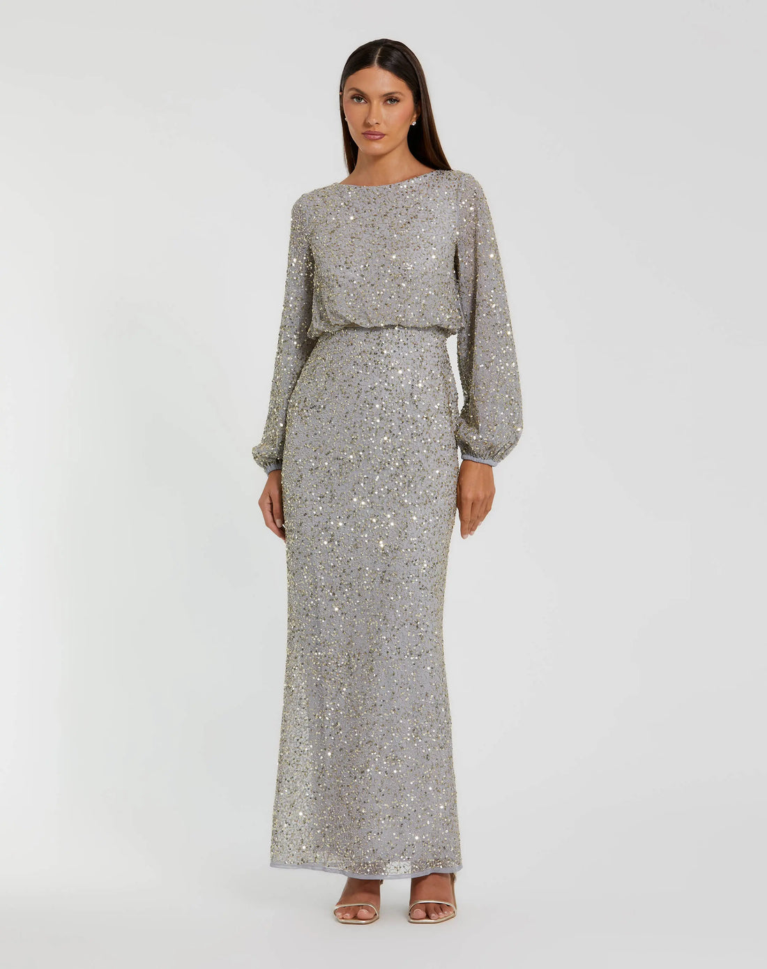 Gray Sequin Blouson Long Sleeve Gown Mac Duggal