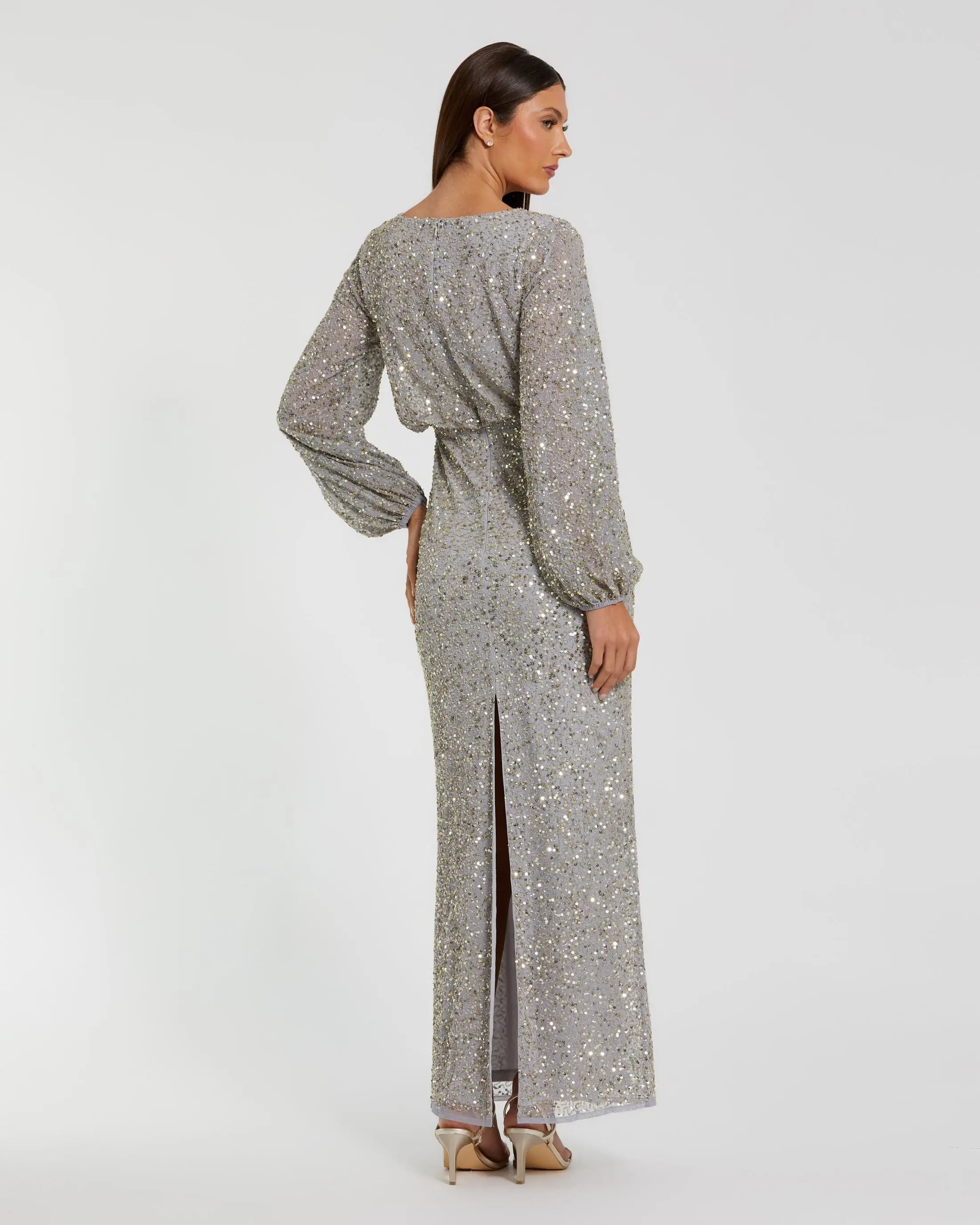 Gray Sequin Blouson Long Sleeve Gown Mac Duggal