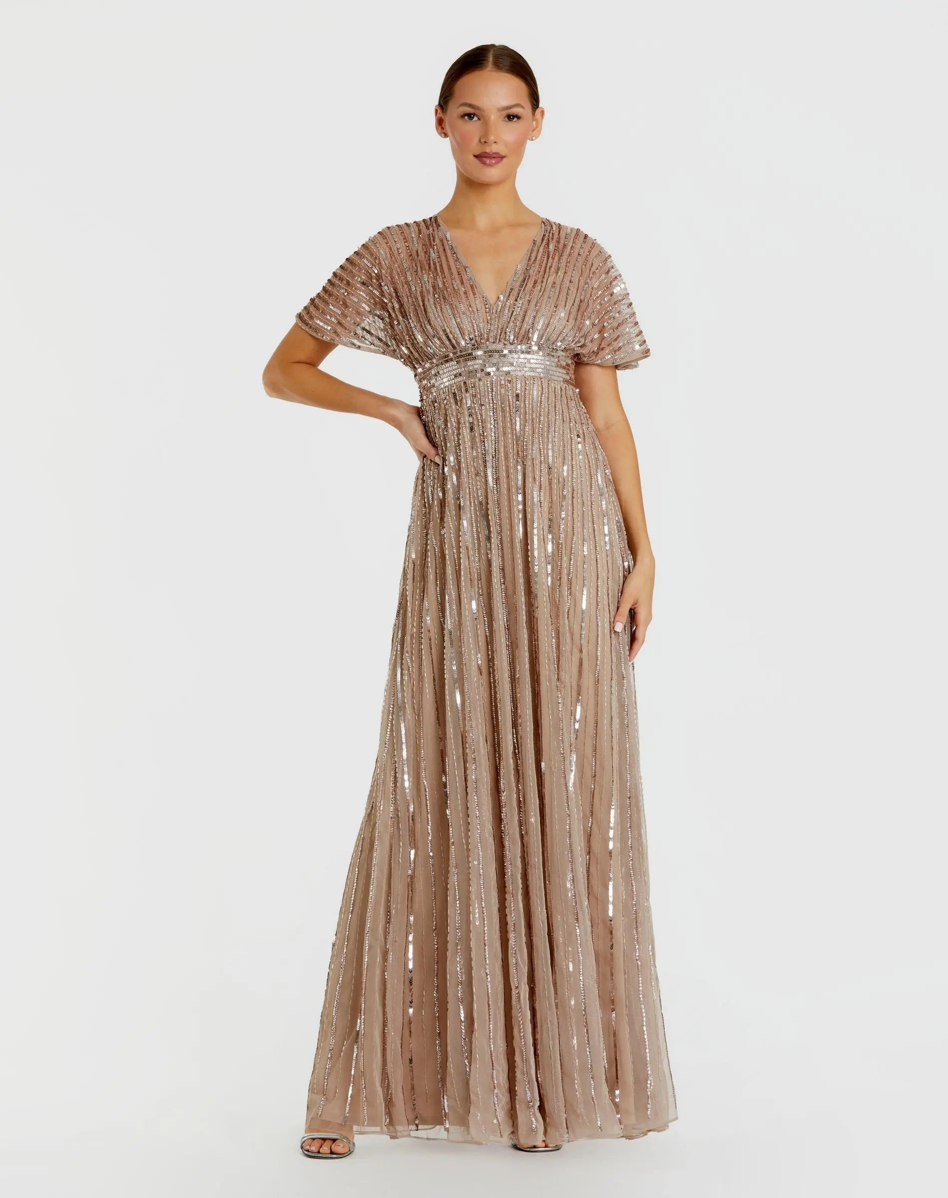 Beige Embellished Short Sleeve Empire Waist Gown