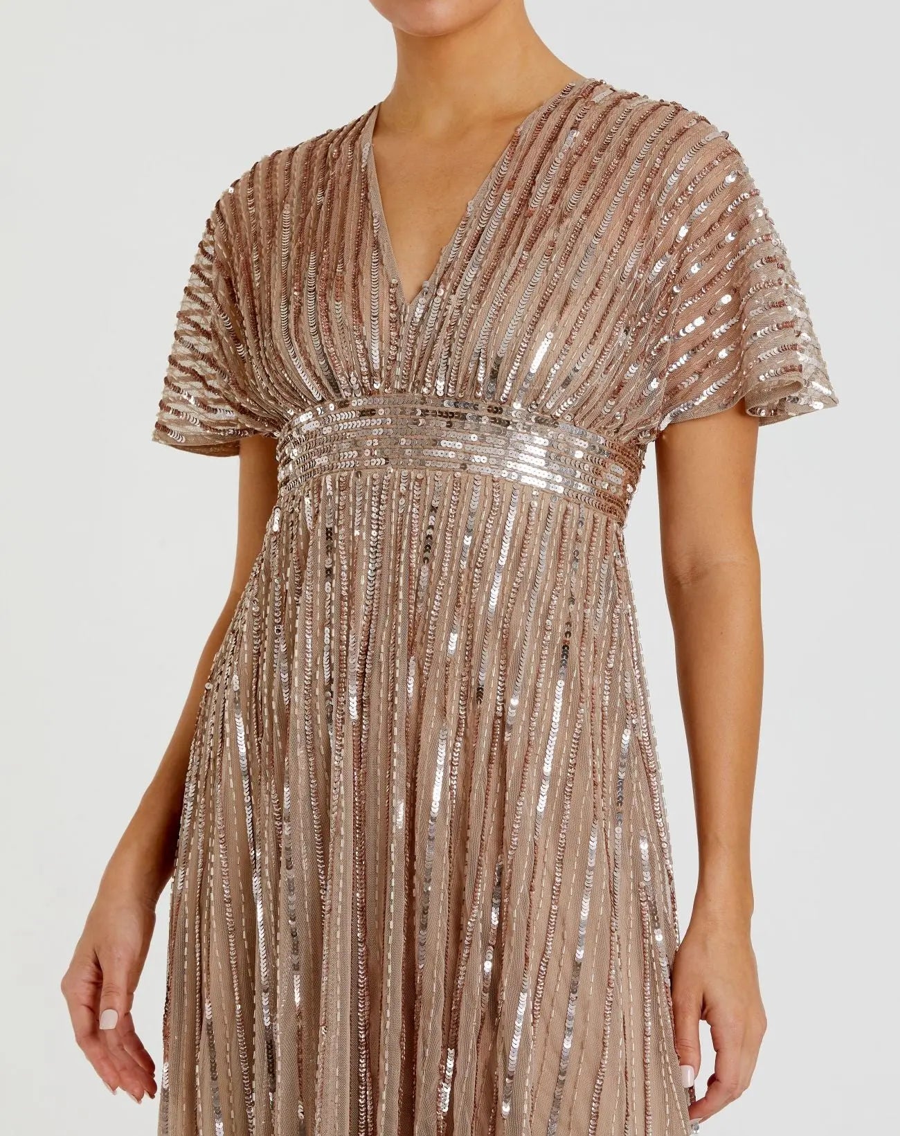 Mac Duggal Women's Embellished Mesh V Neck Short Sleeve Gown