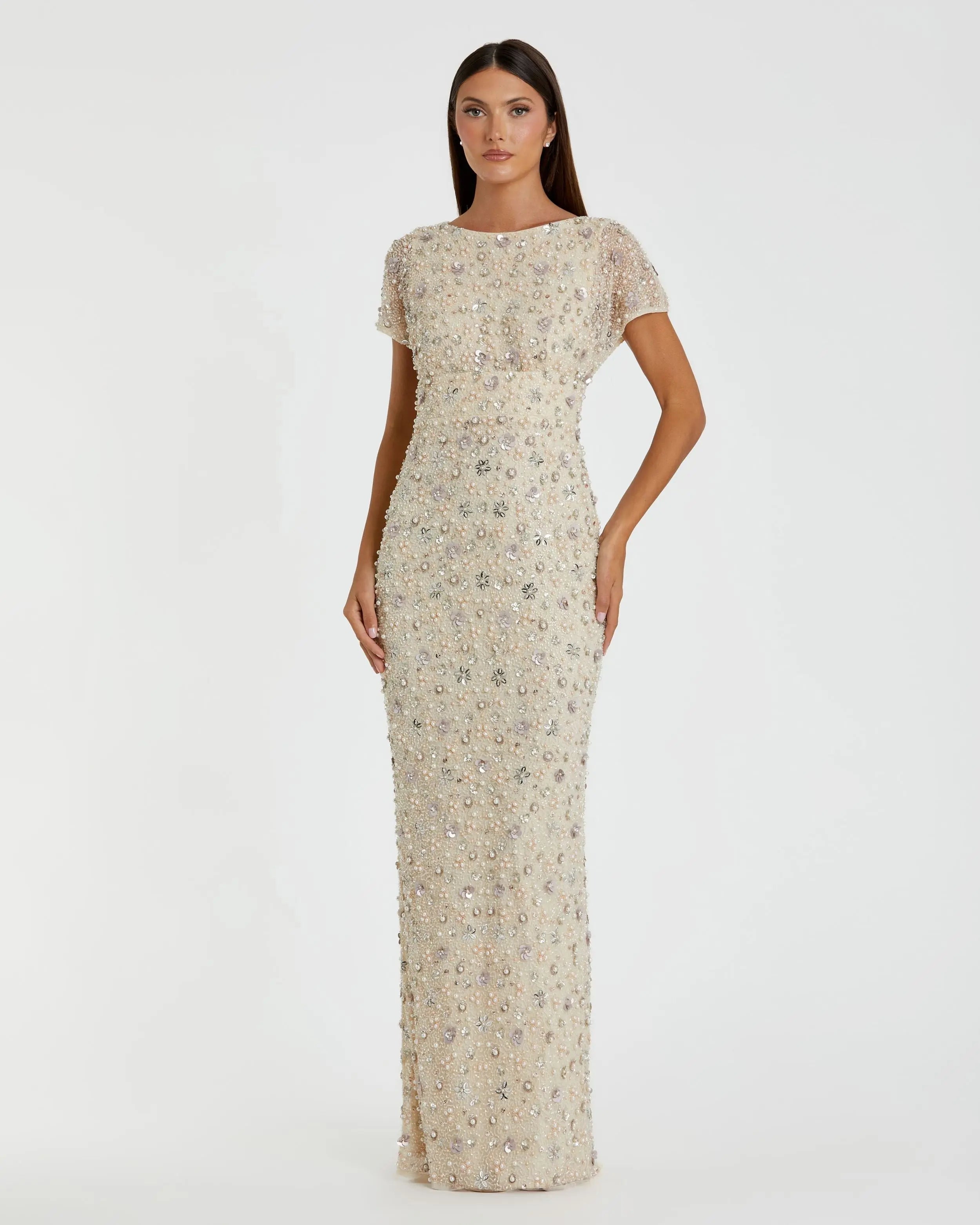 Ivory Floral Embellished Mesh Fitted Column Gown Mac Duggal