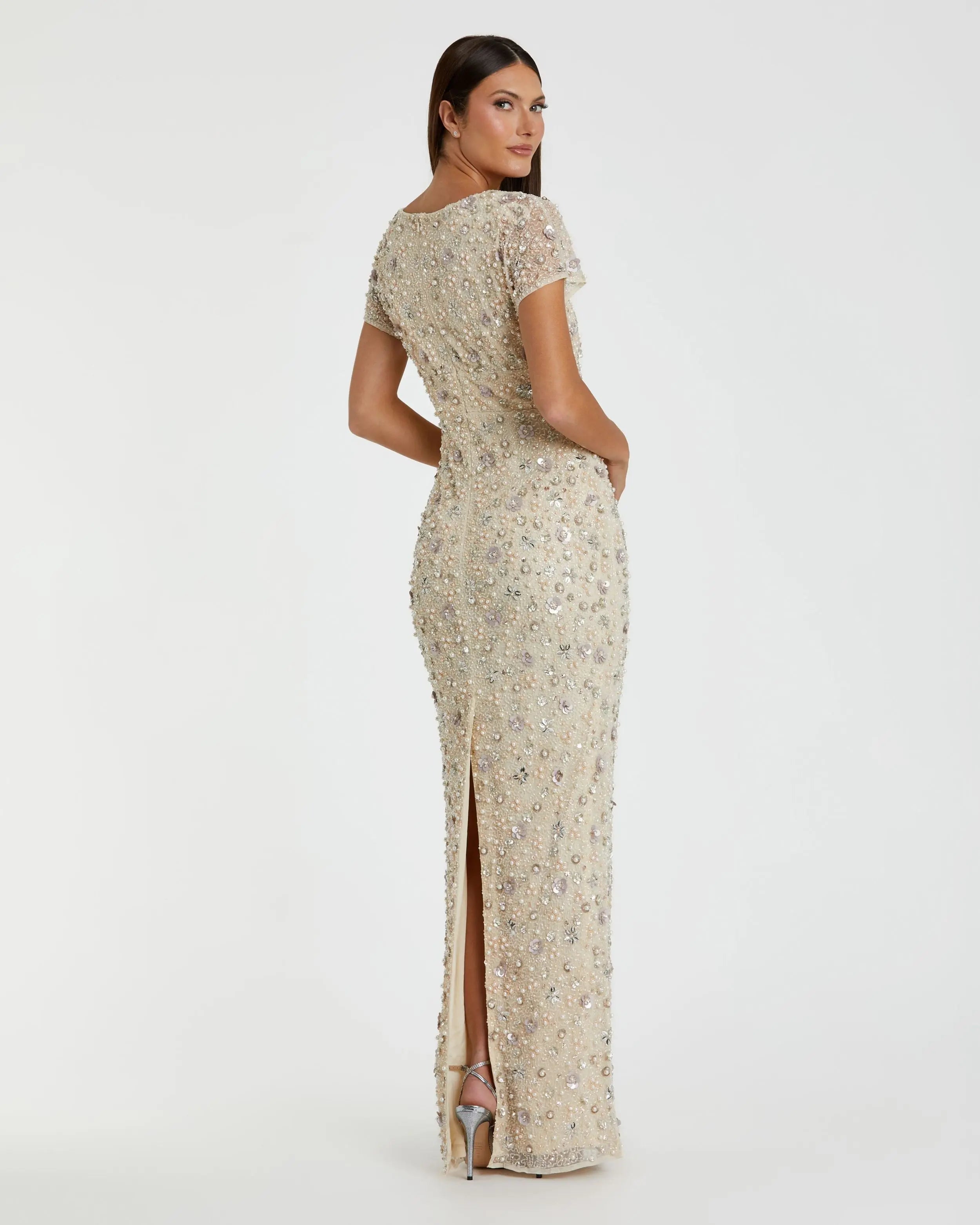 Ivory Floral Embellished Mesh Fitted Column Gown Mac Duggal